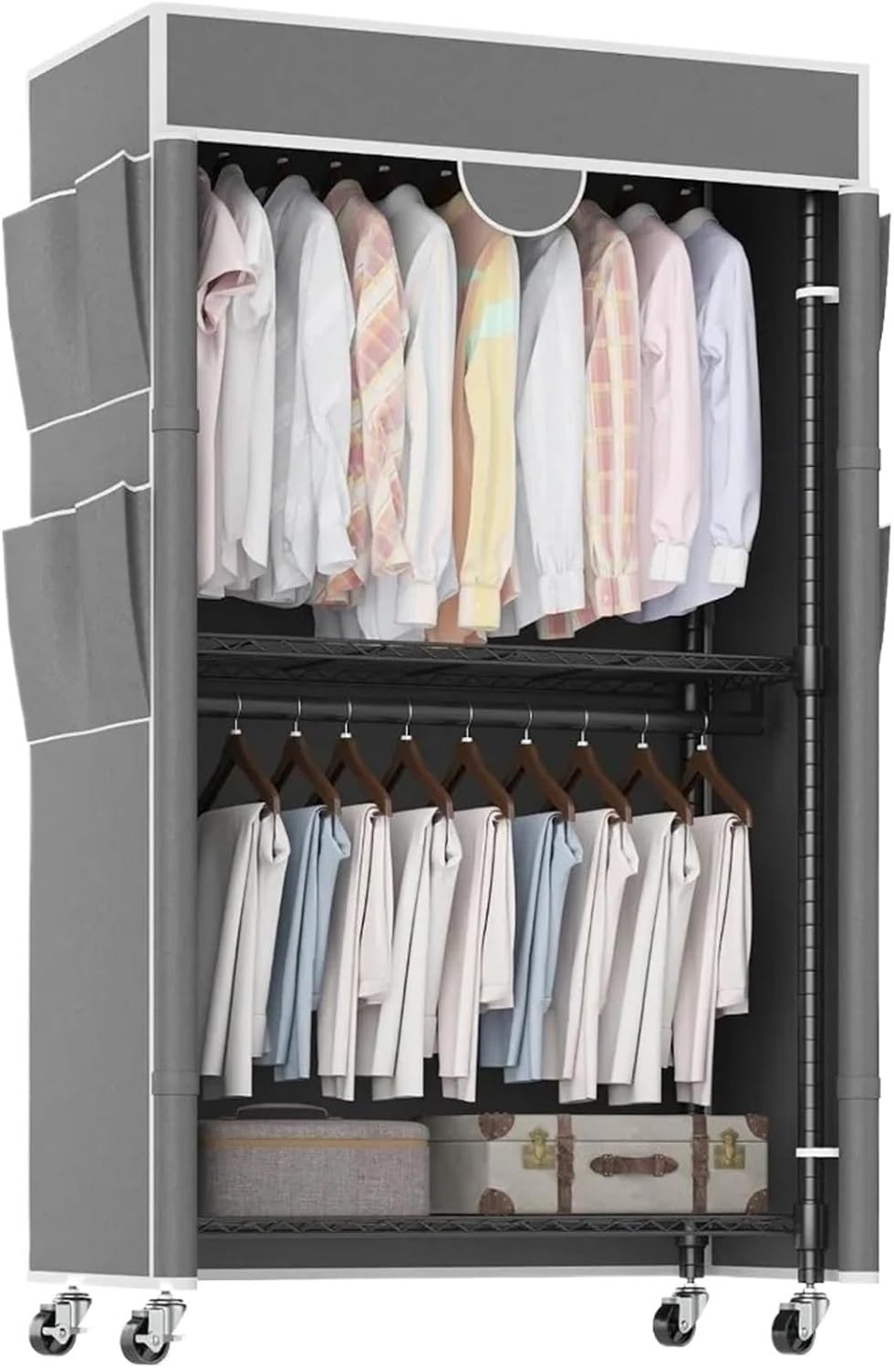 Portable Closet Rolling Garment Rack with Cover, Heavy Duty Clothing Rack for Hanging Clothes, Portable Closet Wardrobe with Adjustable Shelves(Gray)