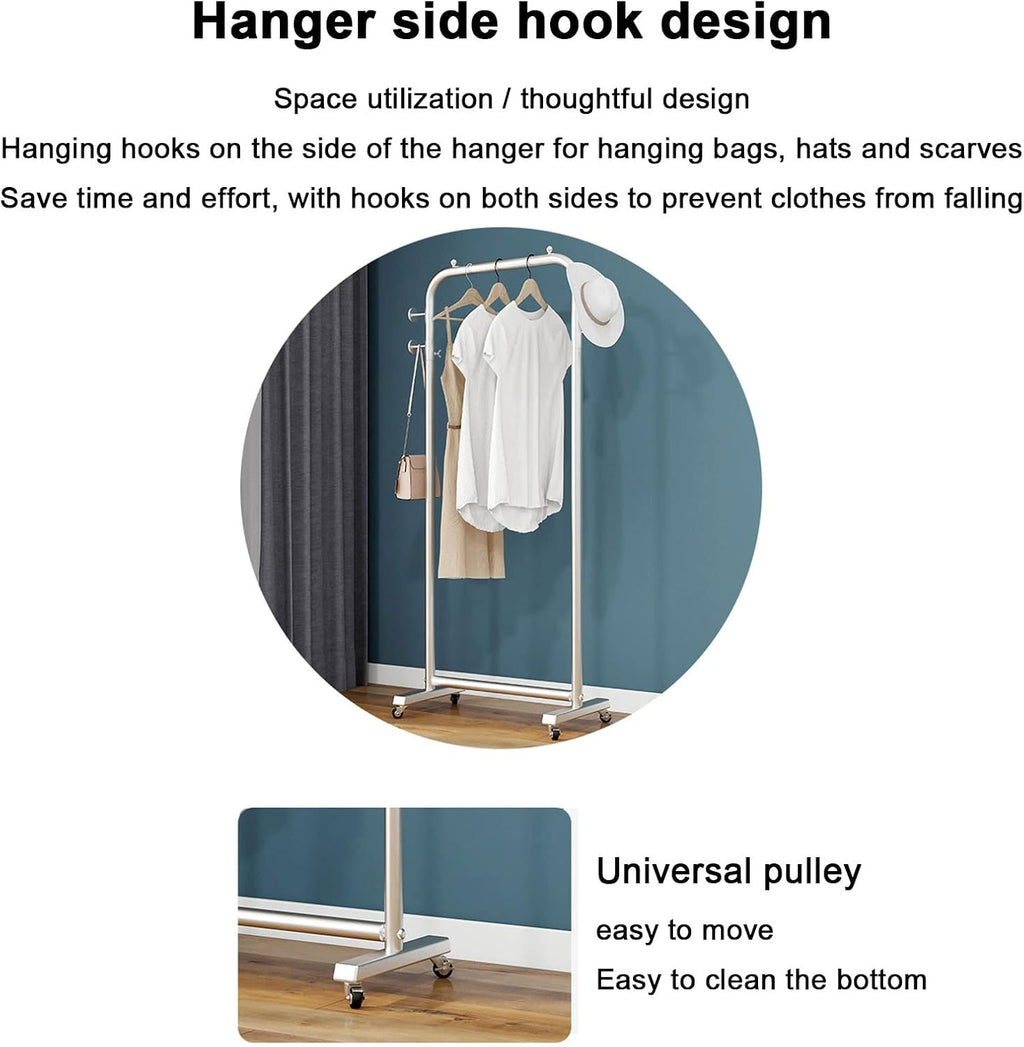Garment Rack Stand Iron with Universal Wheel and Side Hooks,Modern Clothing Rack for Boutiques,Heavy Duty Clothes Rack for Hanging Clothes,Floor Hanger Storage Rack (B-Length 70cm