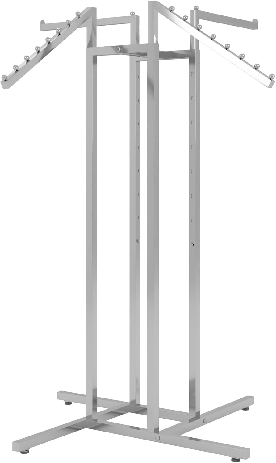 Econoco 4-Way Clothing Rack – Adjustable Height Display with 2 Straight and 2 Slanted Arms, 48″–72″, Chrome Finish