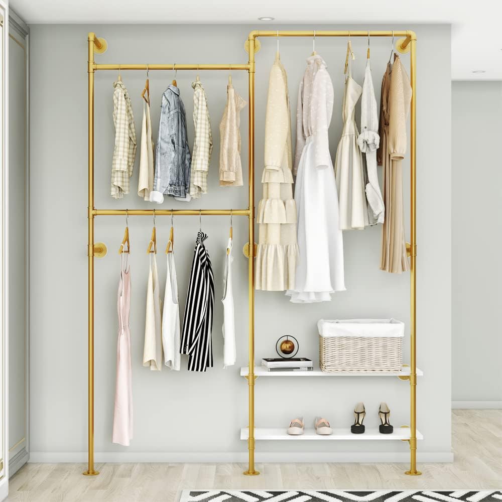 KaKaBB Gold Pipe Clothing Rack, Double Hanging Rods Clothes Rack with Shelves, Heavy Duty Wall Mounted Clothes Rack for Wardrobe, Bedroom, and Walk-in Closet System(Gold)