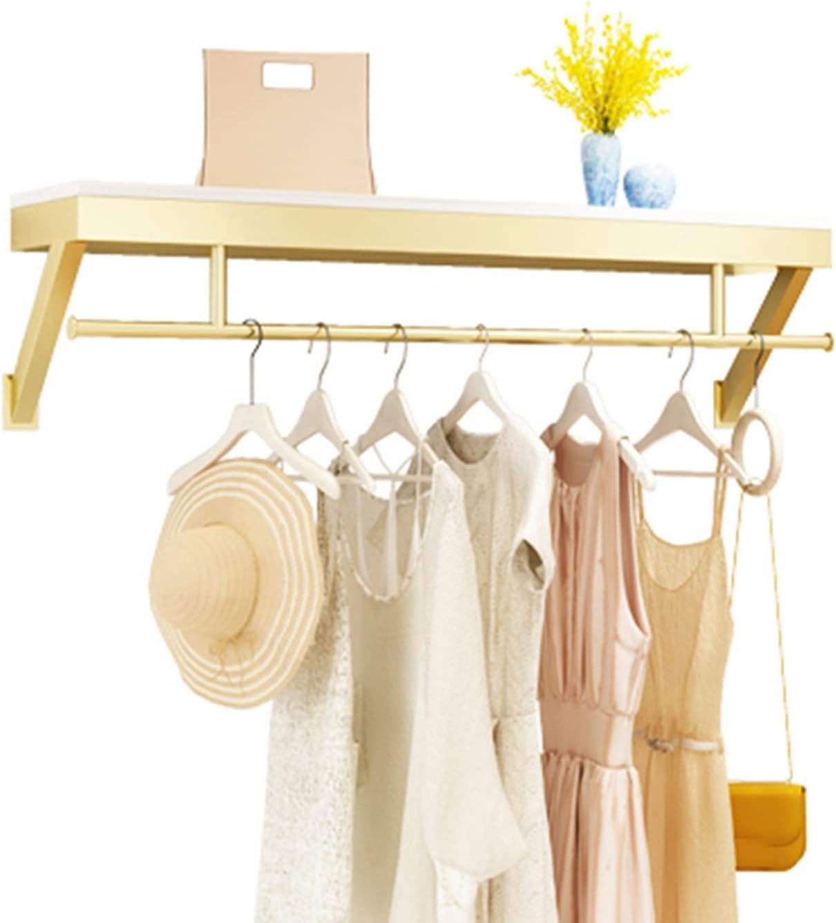 5pcs Clothing Garment Rack Wall Mounted with Wood Shelf,Clothing Store Floating Shelf,Retail Display Clothes Racks Heavy Duty Organizer Hanger Metal Sturdy (C-300cm