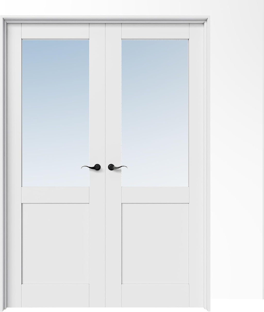 48' x 80' French Doors Interior (Double 24' x 80' Half Clear Glass Door with Black Hinge Prehung Jamb Kit), Pre-Finished & Paintable, Prebuilt Home Door Panels & Assembly Required Jamb