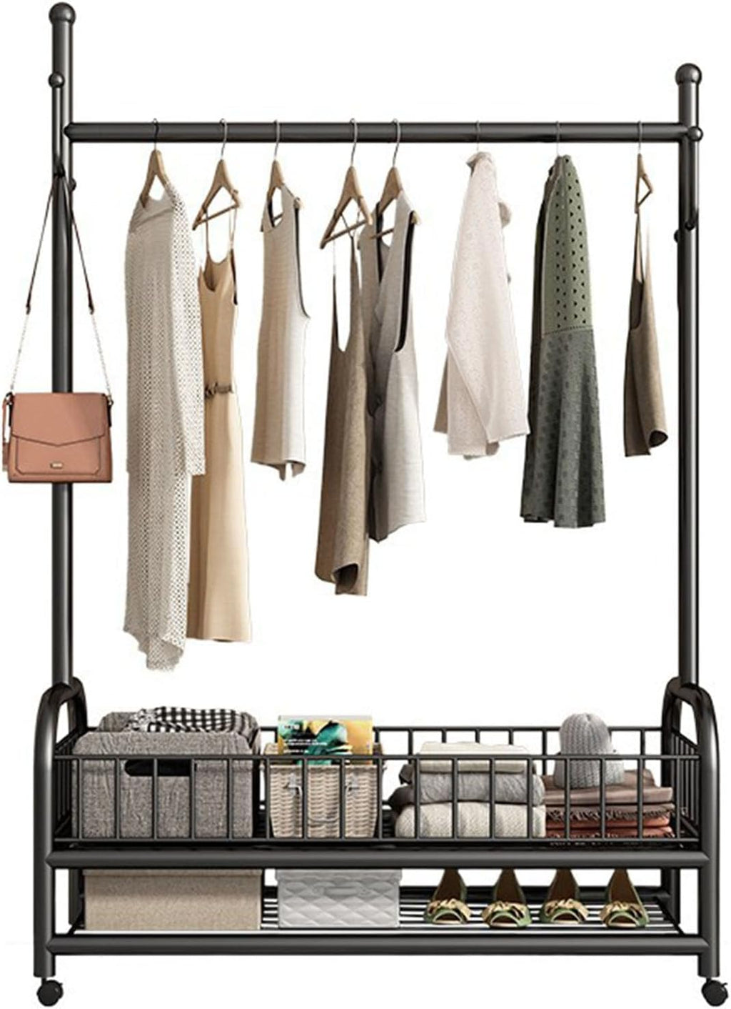 Rolling Garment Rack, Portable Closet Wardrobe with Storage Basket and 4 Hooks Clothing Rack Freestanding Closet Metal Clothing Rack for Bedroom Living Room Office Mudroom