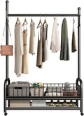 Rolling Garment Rack, Portable Closet Wardrobe with Storage Basket and 4 Hooks Clothing Rack Freestanding Closet Metal Clothing Rack for Bedroom Living Room Office Mudroom