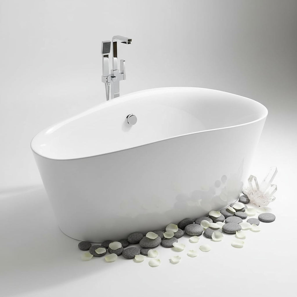 Grasse 67' Freestanding Acrylic Bathtub with Chrome Drain, Glossy White Seamless Soaking Tub, Fiberglass Reinforced with Leveling Legs, 56 Gal Capacity