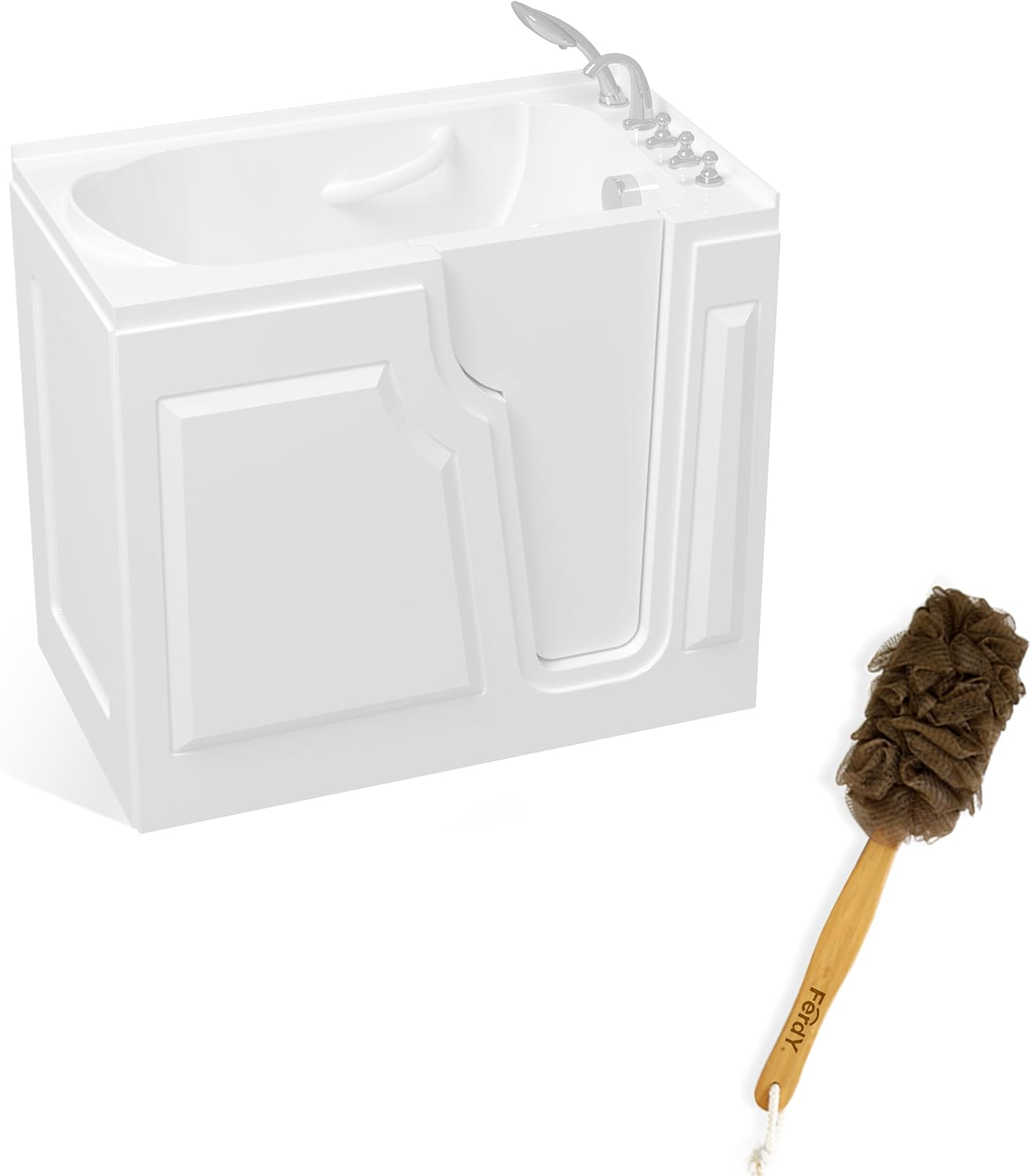 FerdY Floridian 52' Walk-in Bathtub with Right-Side Door Opening and Quick Fill and Drain System & FerdY Back Scrubber for Shower,Long Handled Loofah on a Stick, Soft PE Mesh Back Sponge for Bath