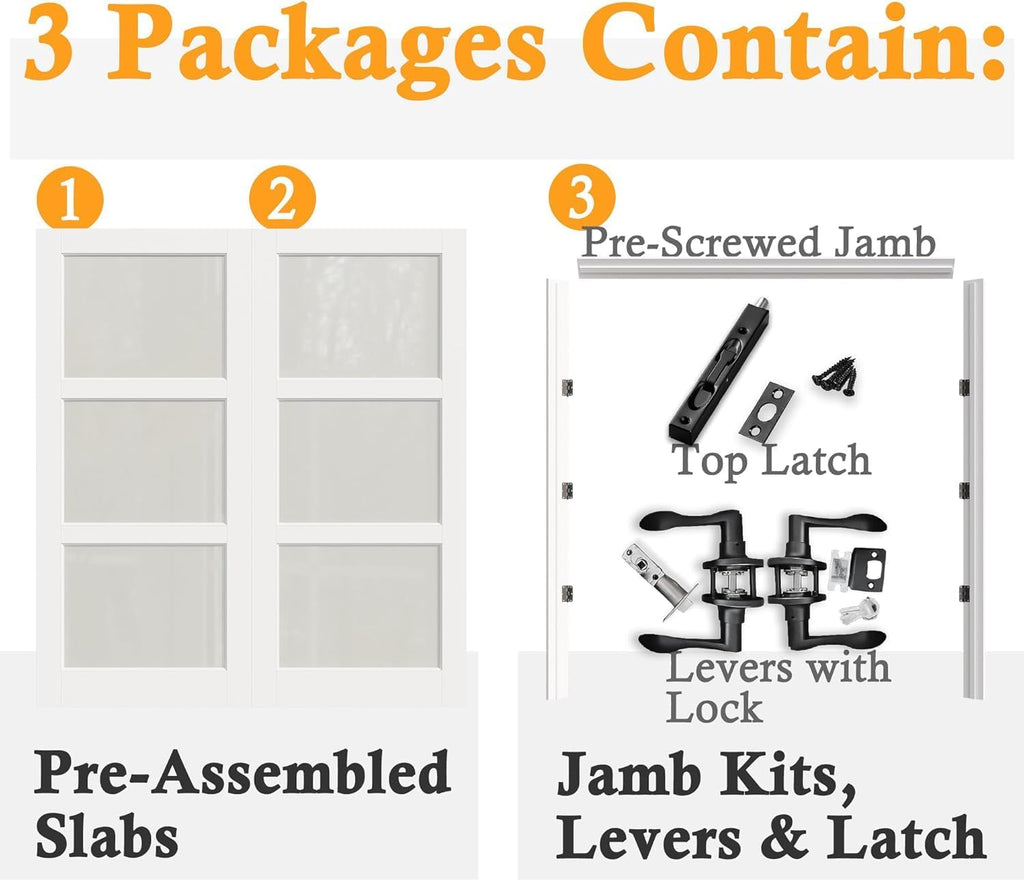 Prehung French Door 36' x 80' (2x18 in), Tempered Frosted Glass Door Slabs with Jamb, Black Hinges, 4 Levers & Latch, Solid Core Interior Door, Pre-Finished & Paintable, MDF Double Doors Interior
