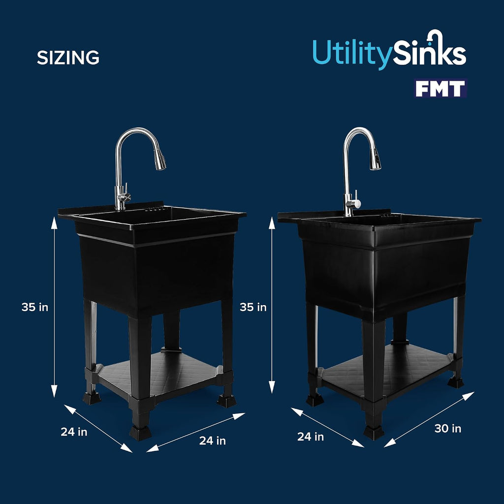 UTILITYSINKS Freestanding Utility Tub Sink w/Drain Plug & Floor Levelers, 30 x 24', Black - Portable and Compact Sink with Faucet for Outdoor Kitchen, Laundry Room, Garage, and Basement