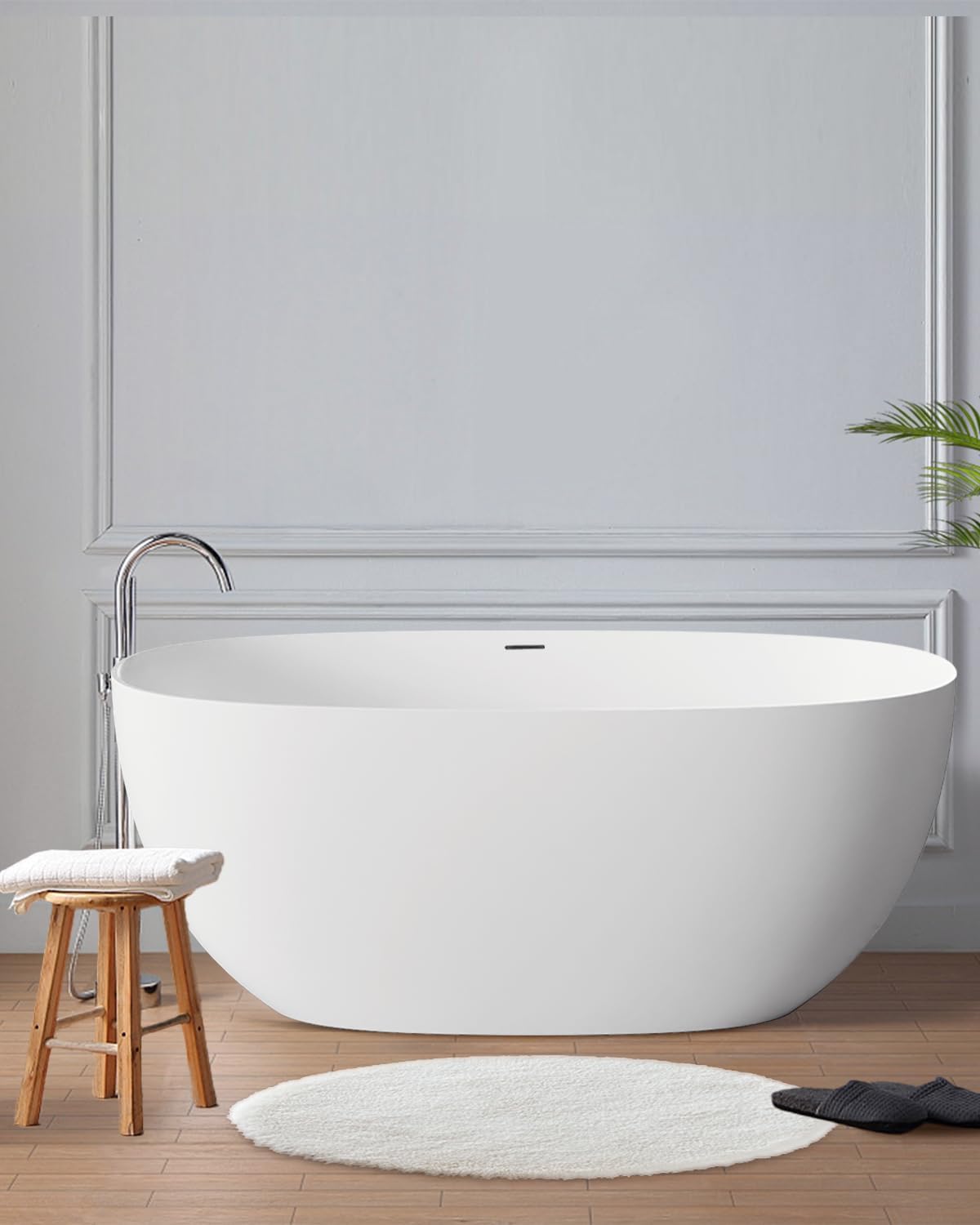 Stone Resin Freestanding Bathtubs,Soklawah 67' Solid Surface Luxury Soaking Tub,Oval Stand Alone Bathroom Bath tub with Drain & Integrated Slotted Overflow,Matte White Elegant Soaker Free Standing Tub