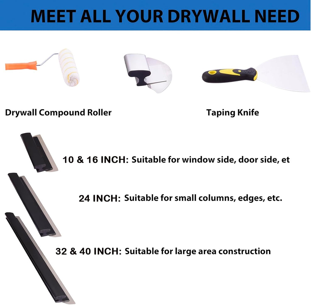 Drywall Tools Skimming Blade with Extension Handle - 10', 14', 24'& 32' 40' Blades with 2 Pack 0.3 mm Blades, Construction Tools End Caps, with Outer Box, Drywall Roller,Taping Knife
