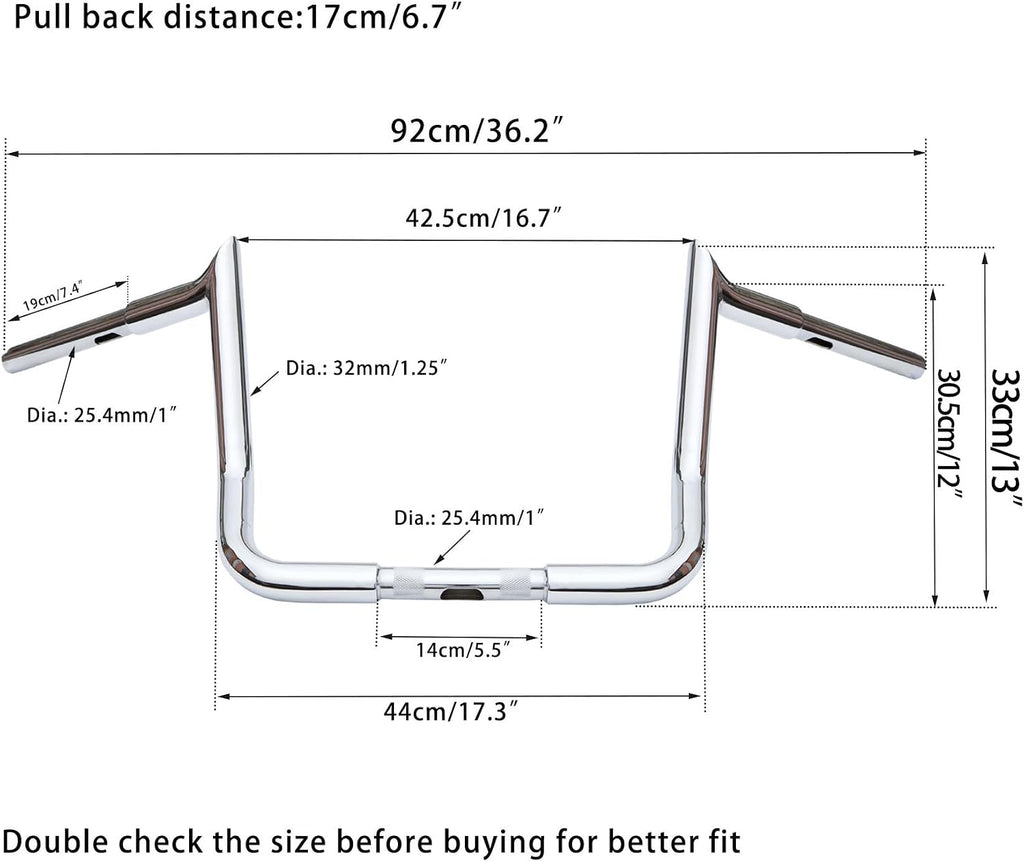 12' Rise Bar 1 1/4' Meathook Ape Hangers 32mm Handlebars fit for Harley Road king Electra Street Glide Ultra limited 1996-2024 Chrome