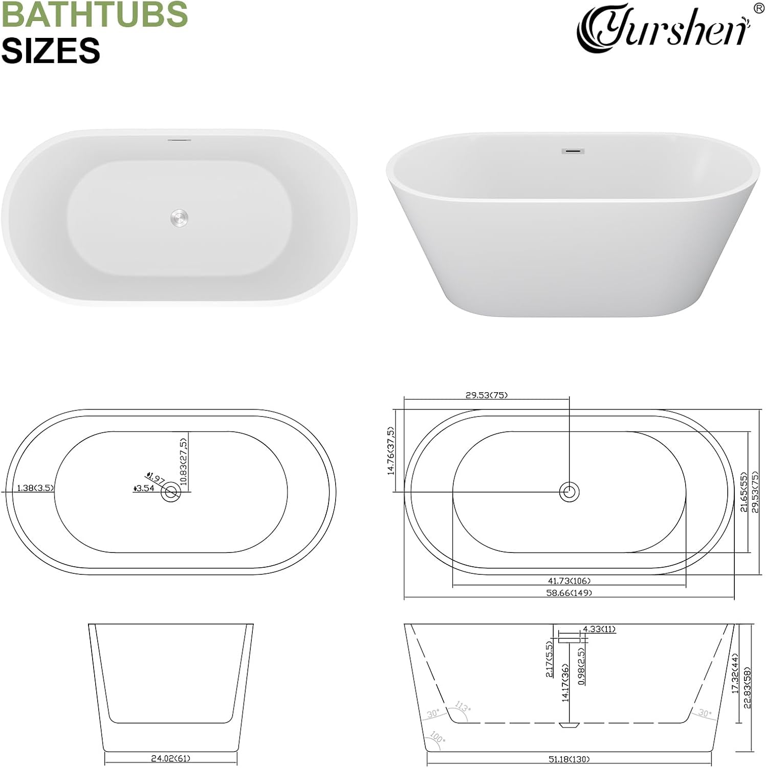 59' Freestanding Acrylic Bathtub White Roll Top Soaking Tub with Black Drain Sleek Finish for Contemporary Bathrooms, YSB9219