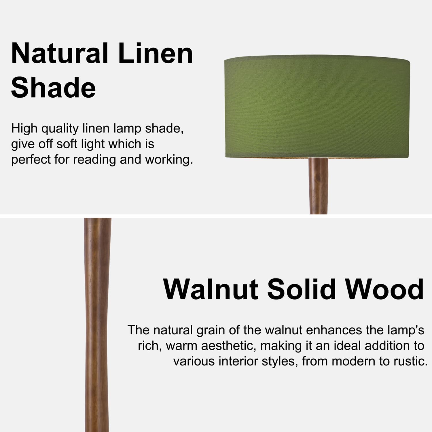 62' Tall Rustic Wood Floor Lamp for Living Room, Farmhouse Walnut Wood Floor Lamps with Linen Shade, UL Listed Standing Lamps with Wooden Base for Bedroom, Corner, Dining Room,Office, Green Shade
