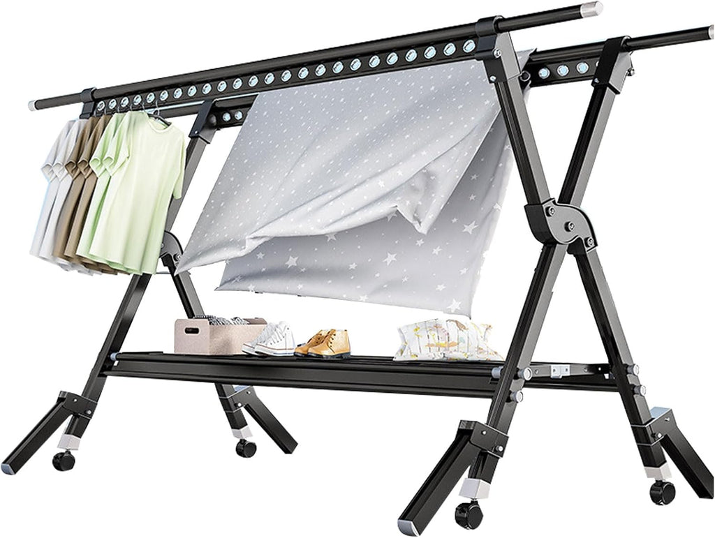 Clothes Drying Racks for Laundry Outdoor,Laundry Drying Rack Foldable,Aluminum Alloy Laundry Stand Organizer with Wheels,Rolling Garment Rack Heavy Duty(Black 230cm/91in)