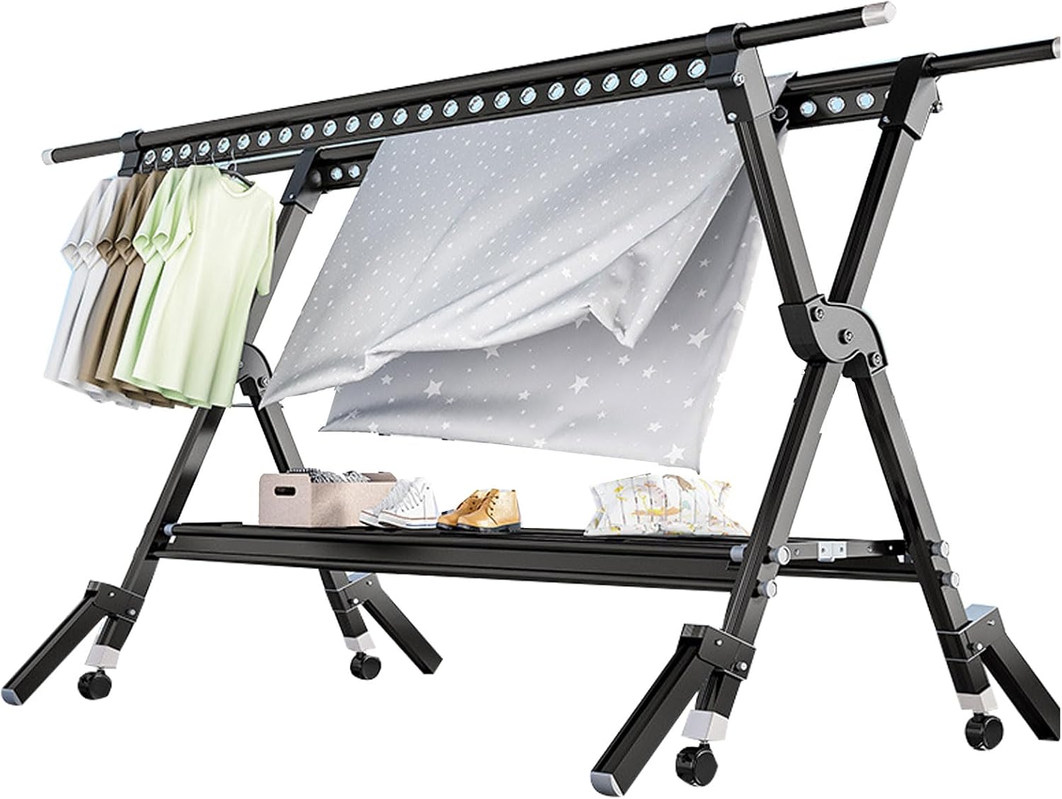 Clothes Drying Racks for Laundry Outdoor,Laundry Drying Rack Foldable,Aluminum Alloy Laundry Stand Organizer with Wheels,Rolling Garment Rack Heavy Duty(Black 230cm/91in)