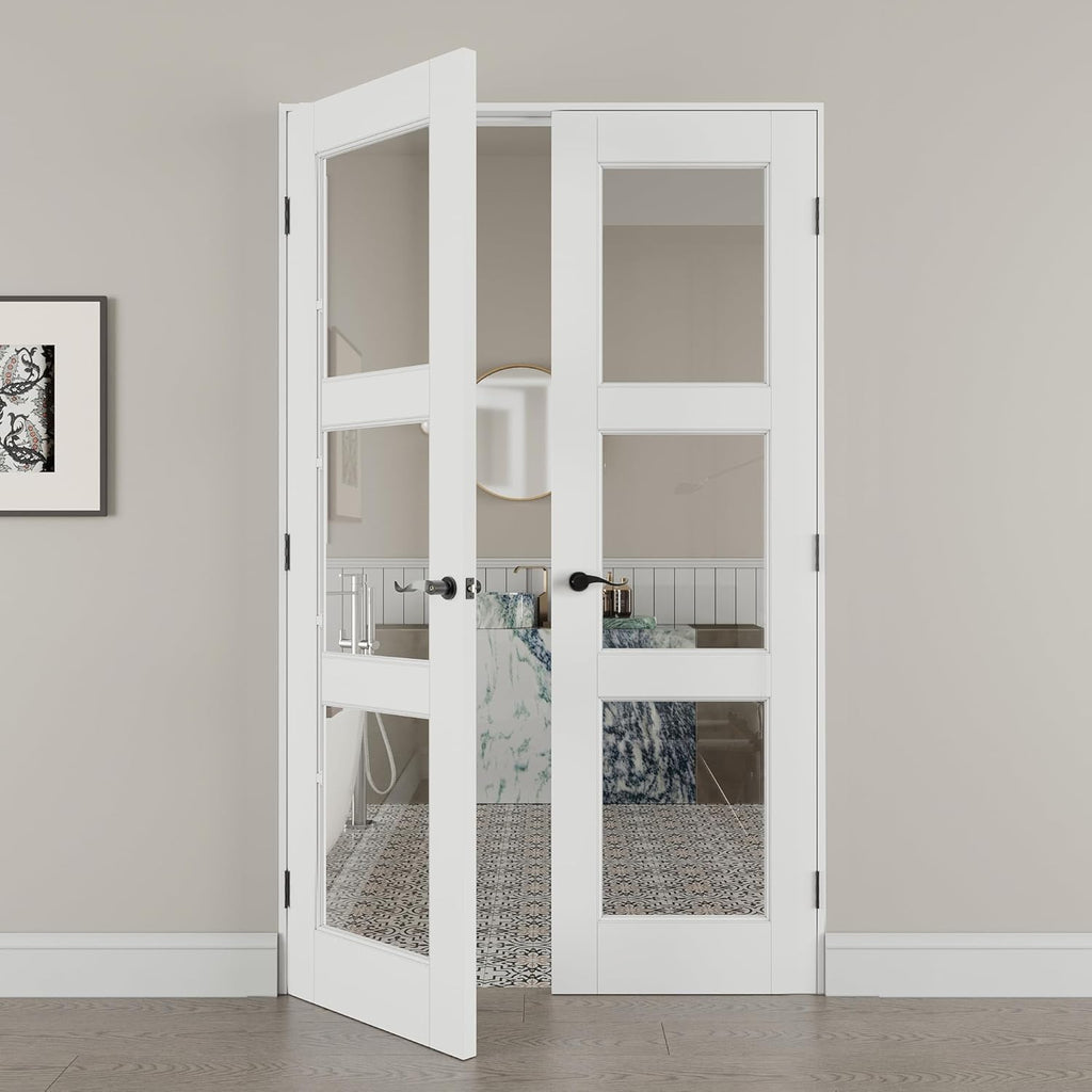 36' x 80' French Doors Interior (Double 18' x 80' 3-Lite Clear Glass Door with Black Hinge Prehung Jamb Kit), Pre-Finished & Paintable, Prebuilt Home Door Panels & Assembly Required Jamb