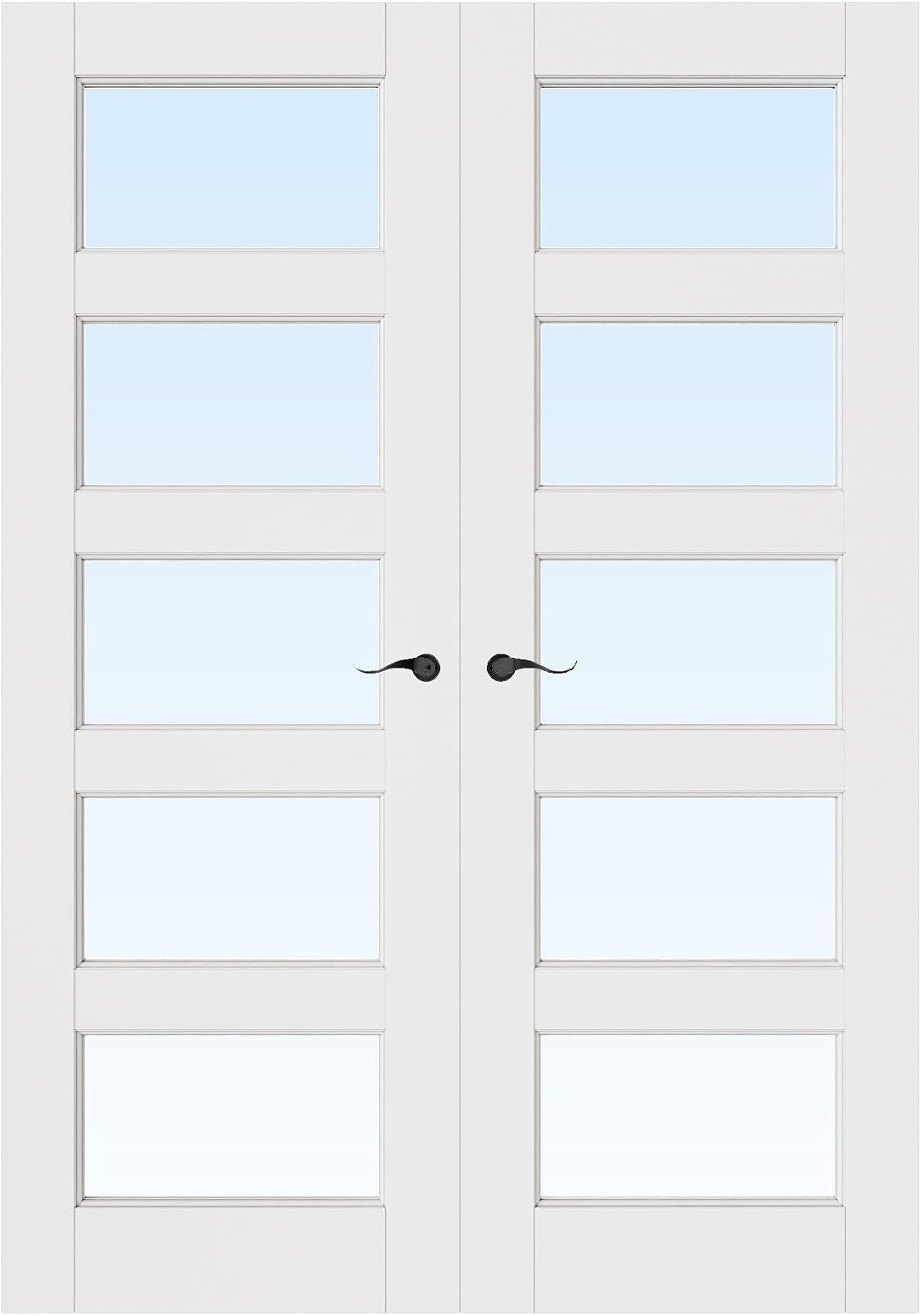 French Door 56' x 80' (Double 28' x 80') 5-Lite Clear Glass Door Slabs with Pre-Hung Jamb, Black Hinges, Levers and Latch, White Primed, French Interior Doors with Frame, Swing Double Bedroom Doors