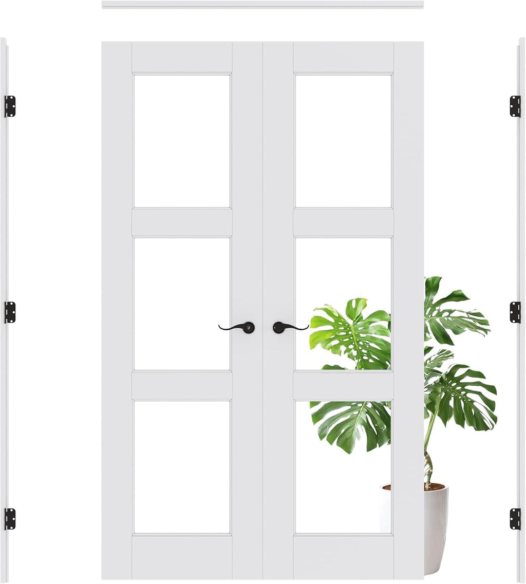 Prehung French Door 36' x 80' (2x18 in), 3-Lite Tempered Clear Glass Door Slabs with Jamb, Black Hinges, 4 Levers & Latch, Solid Core Interior Door, Pre-Finished & Paintable,Double Doors Interior