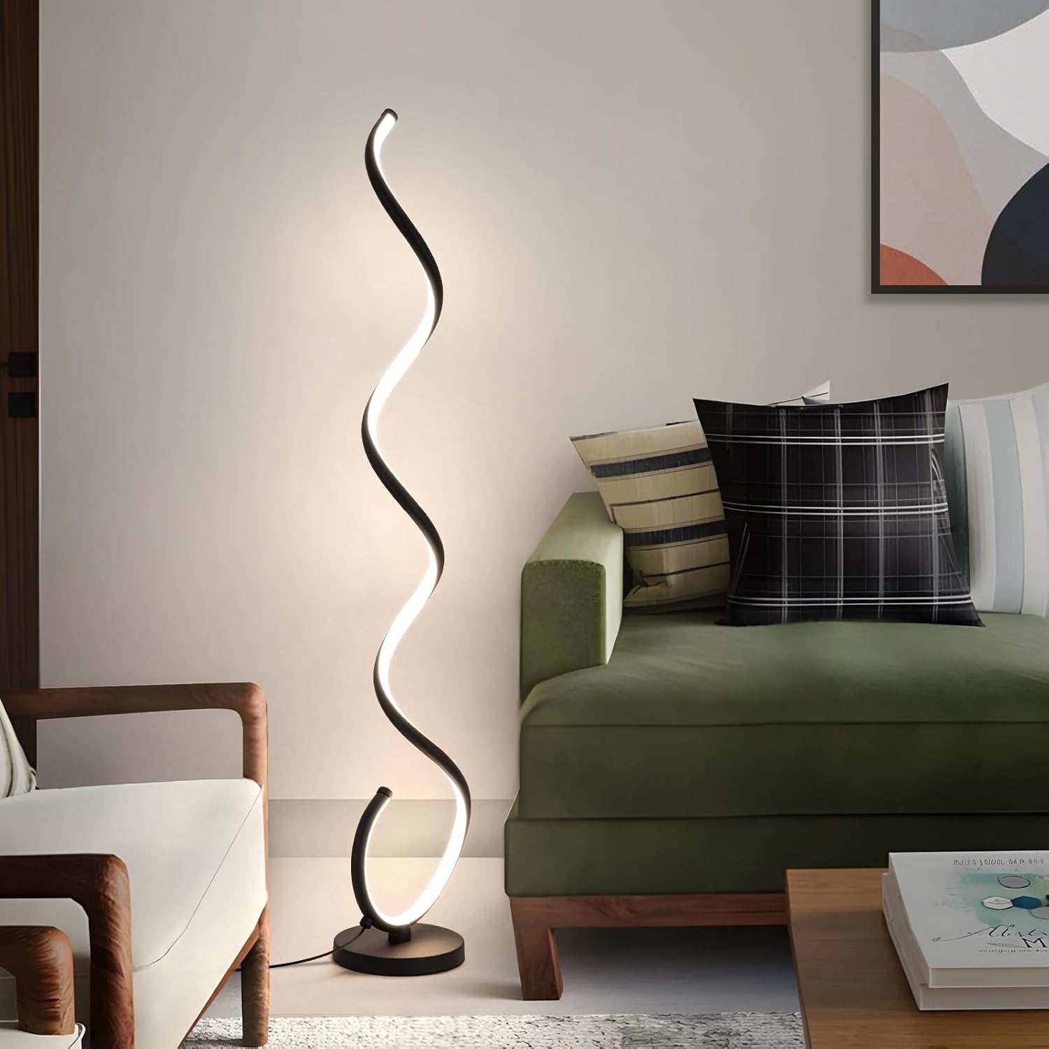 EIDISUNY Modern Floor Lamp for Living Room, 3 Color Temperature LED Spiral Floor Lamps with Remote&Foot Switch, 48W Dimmable LED Standing Lamp for Bedroom, Office(Black)