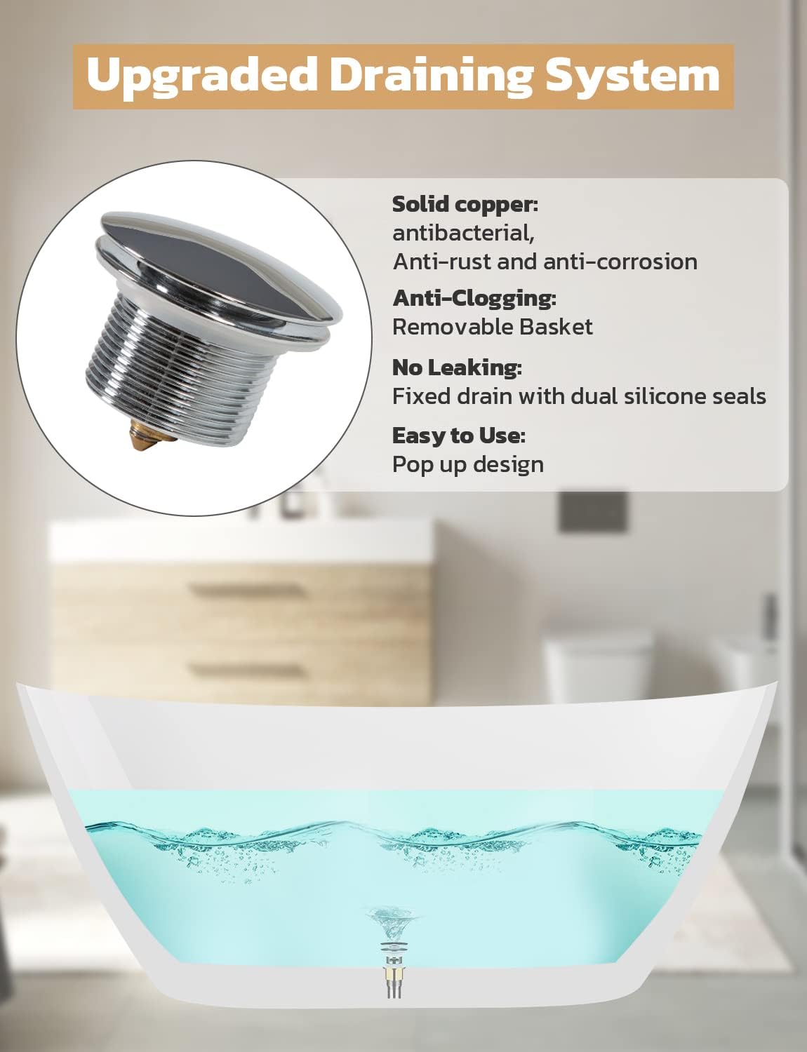 Zevemomo 63 inch Freestanding Bathtub, Acrylic Free Standing Soaking Bathroom Tub with Brushed Nickel-Finished Overflow and Anti-Clogging Drain, Easy Installation, White