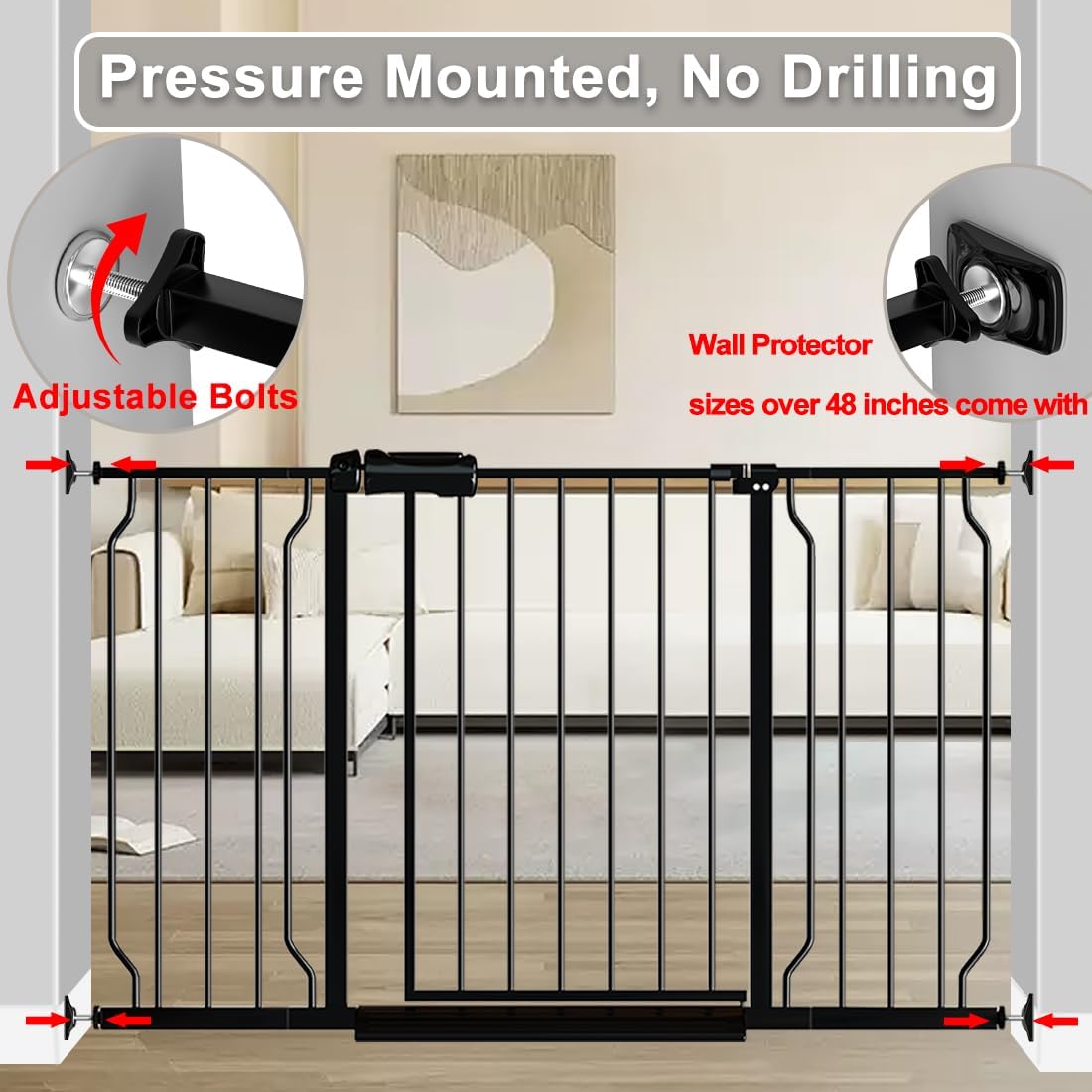 Fairy Baby Extra Wide Baby Gate Black 62-67 Inch Wide, Walk Through Pressure Mounted No Drill for Doorways, Long and Large Tension Gate for Pet and Kids