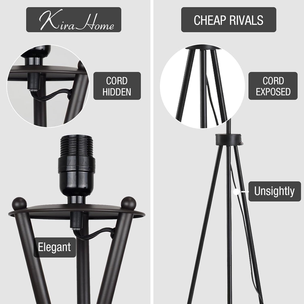 Kira Home Sadie 61' Modern Tripod Floor Lamp with Black Linen Drum Shade, Cross-Leg Standing Light with 9W LED Bulb and Leather Accent, Black Finish