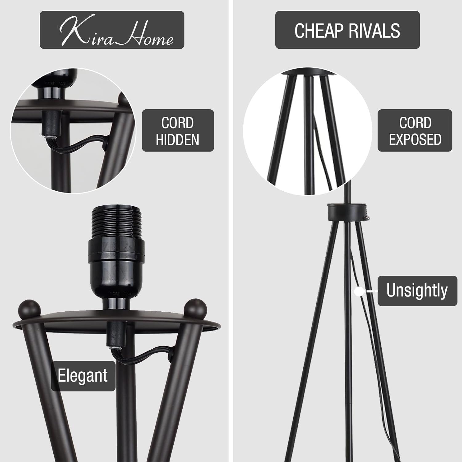 Kira Home Sadie 61' Modern Tripod Floor Lamp with Black Linen Drum Shade, Cross-Leg Standing Light with 9W LED Bulb and Leather Accent, Black Finish