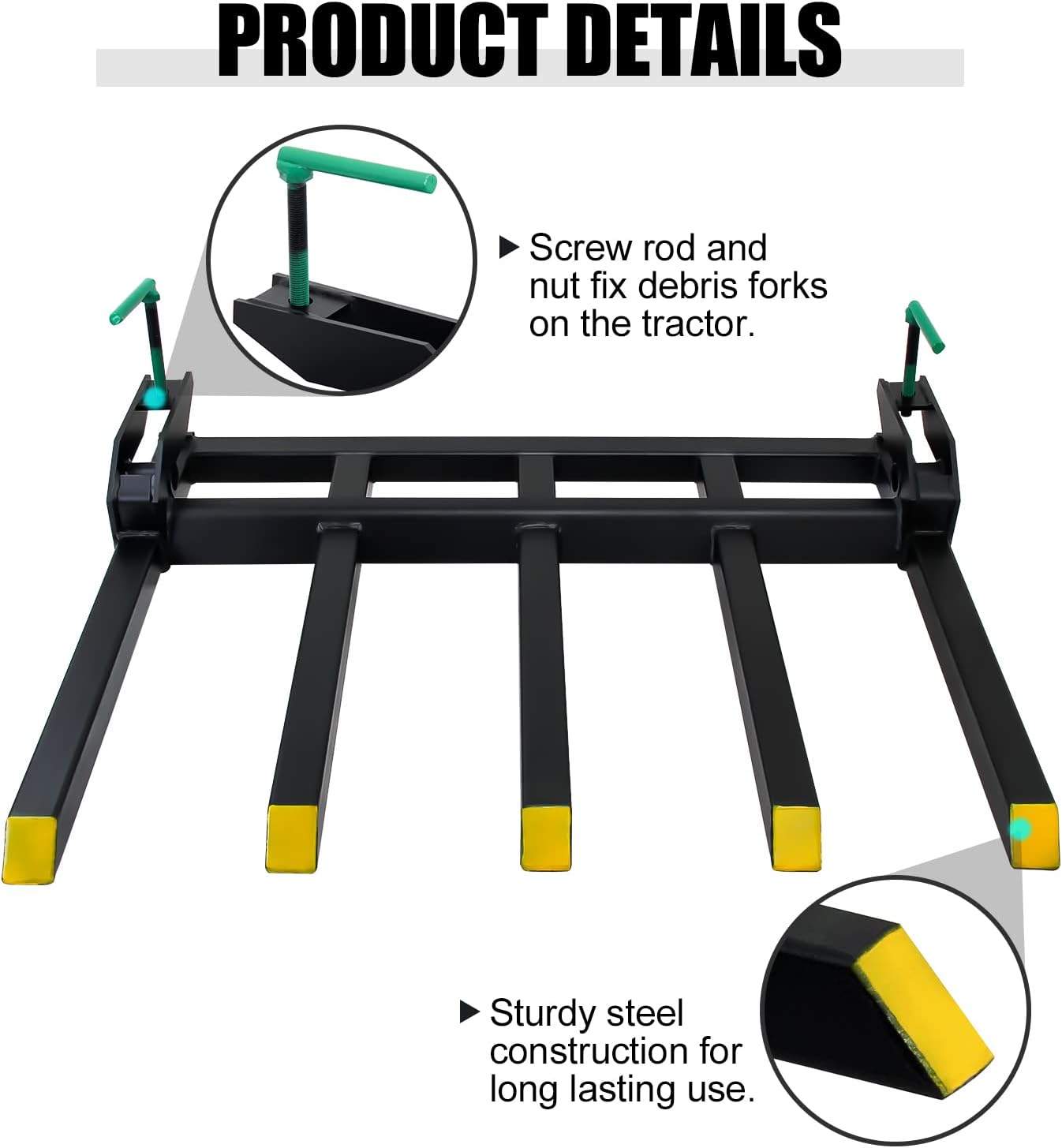 Debris Forks to 48' Bucket, Heavy Duty Clamp-On Pallet Fork 2500 lbs Capacity Load, Tractor Forks Attachment Fit for Loader Bucket Skidsteer Tractor