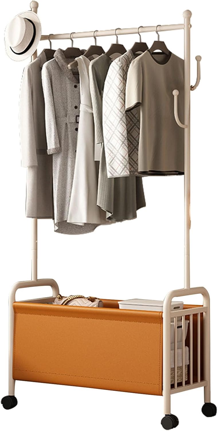 2-in-1 Metal Clothes Rack, 170cm Heavy Duty Rolling Garment Rack with PU leather BasketClothes Racks for Hanging Clothes, Clothes Storage and Display