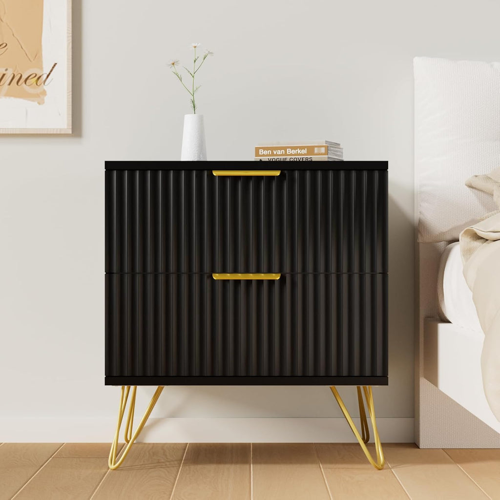 Set of 2 Black Nightstand, Modern Night Stand Bedside Table with 2 Storage Drawer, Bed Side End Table with Golden Handles and Legs for Bedroom, Black
