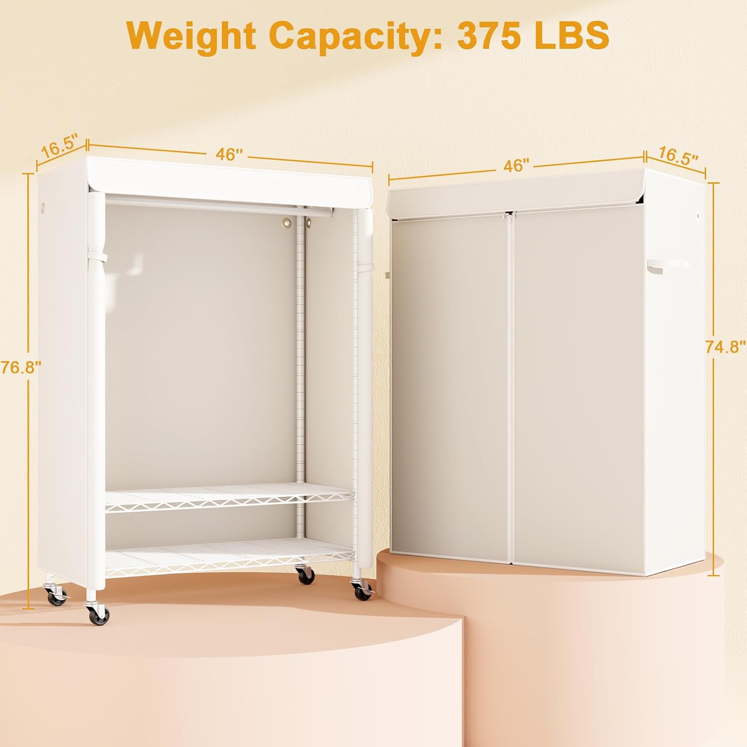 ULIFHOME P6C Plus Rolling Clothes Rack with Cover, Covered Clothing Rack Heavy Duty, Portable Closet for Hanging Clothes, Garment Rack on Wheels, White Closet Rack with White Cover, Max Load 375LBS