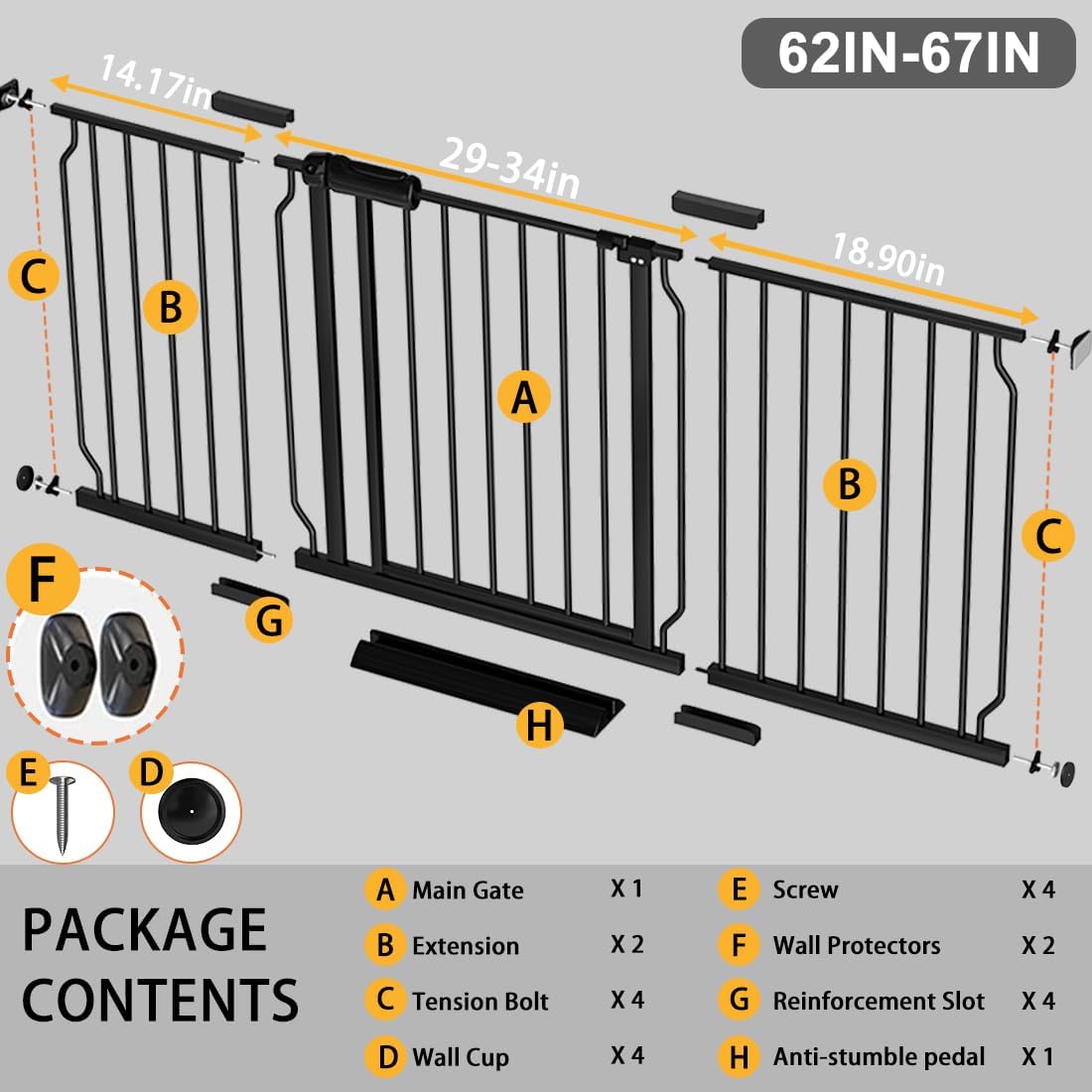 Fairy Baby Extra Wide Baby Gate Black 62-67 Inch Wide, Walk Through Pressure Mounted No Drill for Doorways, Long and Large Tension Gate for Pet and Kids