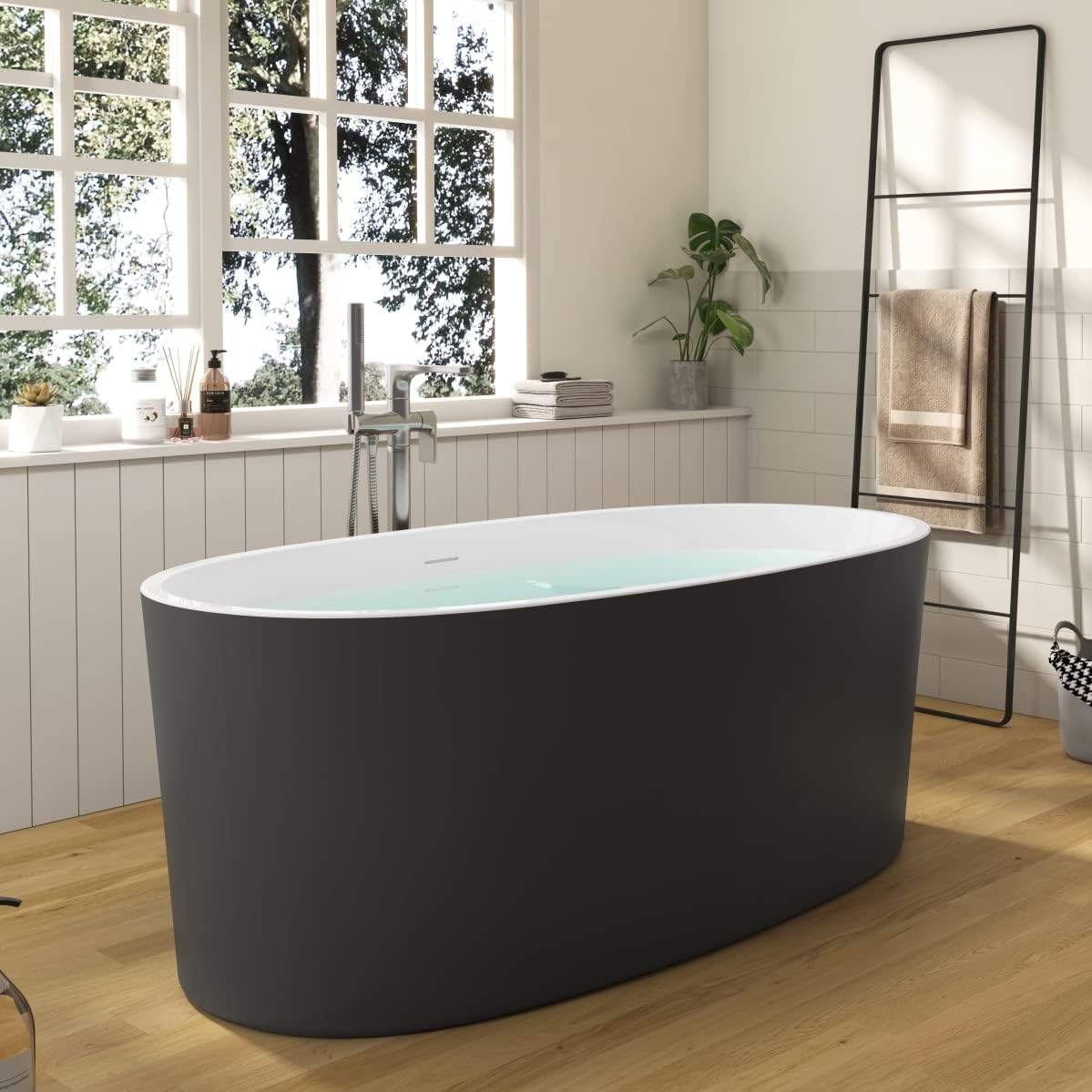 59' Lucite Acrylic Freestanding Bathtub, Columnar Shape Contemporary Soaking Tub with Toe-tap Chrome Center Drain, Slotted Overflow, cUPC Certified, 37°Grey