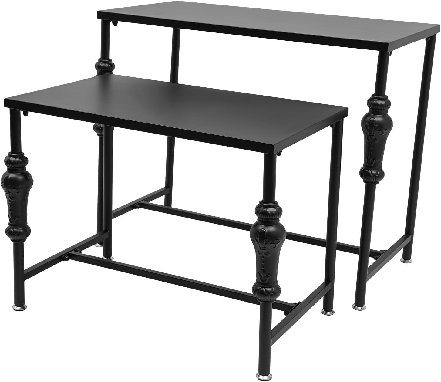 Industrial Retail Display Tables, Set of 2 Standing Clothing Shoes Display Rack, Heavy Duty Boutique Display Riser Storage Shelves, Garment Handbag Display Stand for Retail Clothing Store (Black)