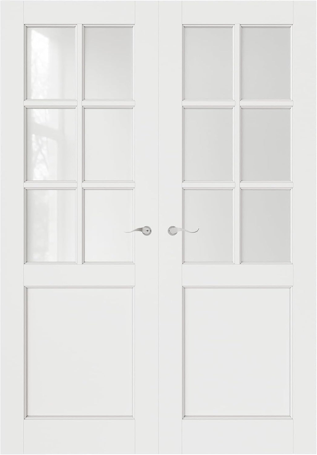 French Door 56' x 80' (Double 28' x 80') 6-Lite Frosted Glass Door Slabs with Pre-hung Jamb, Silver Hinges, Levers and Latch, White Primed, French Interior Doors with frame, Swing Double Bedroom Doors