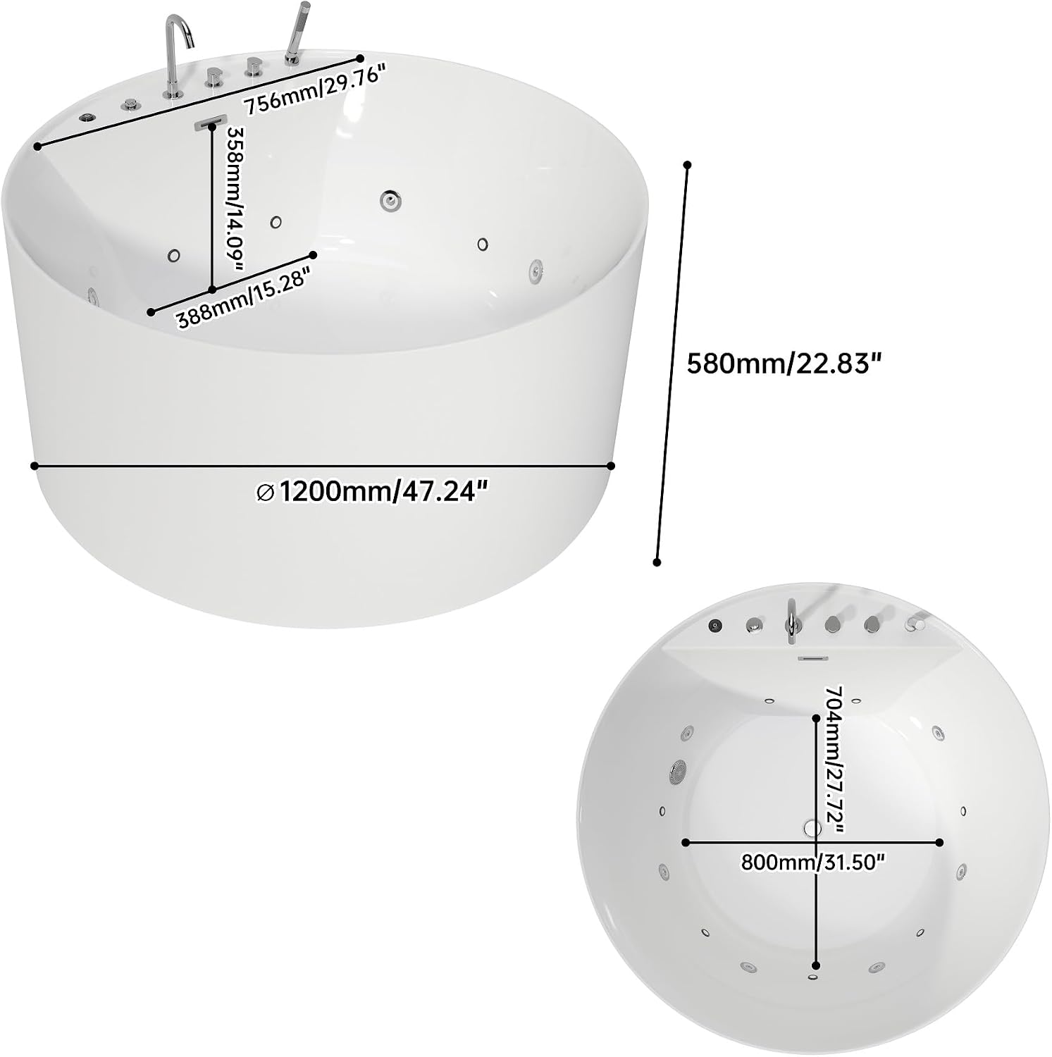 Premium 47' X 47' Freestanding Whirlpool Acrylic Bathtub with Overflow and Drain, Round White Free Standing Tub With Faucet, Chromatherapy LED Lights