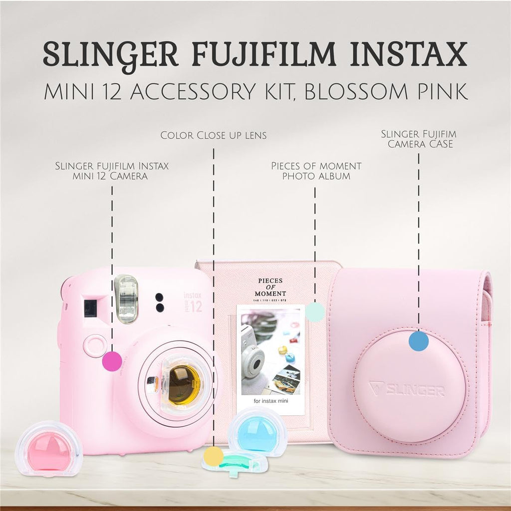 Fujifilm Instax Mini 12 Instant Film Camera, Blossom Pink Bundle with Instax Mini Custom Case, Accessory Kit and Daylight Film, 4x Twin Pack (80 Exposures) ISO 800