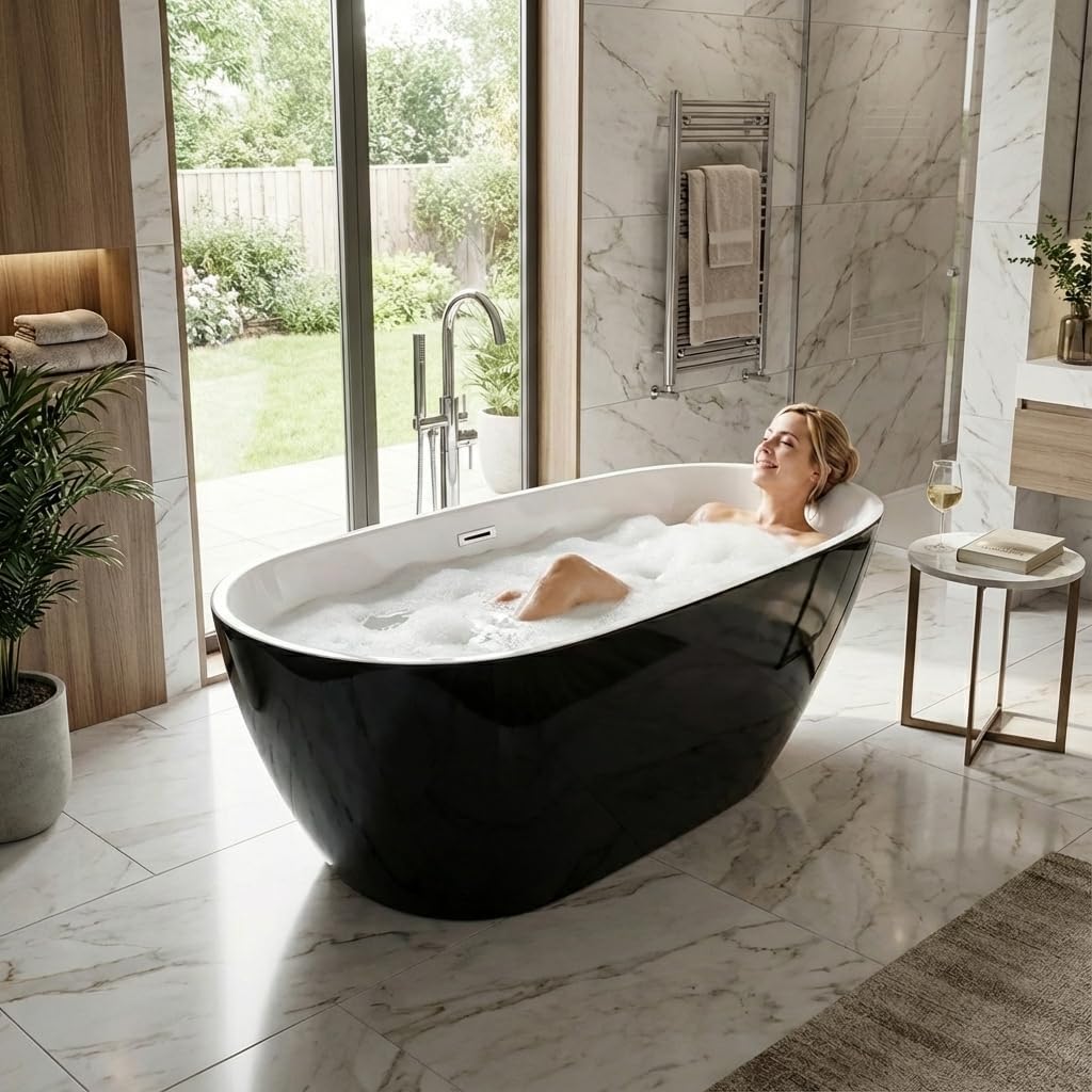 59 Inch Acrylic Freestanding Bathtub, Acrylic Soaking Bathtub with Matte Drain and Overflow, Modern Square Tub, cUPC Certified, Deep Ergonomic Design, Double-Walled Insulation, Easy Installation