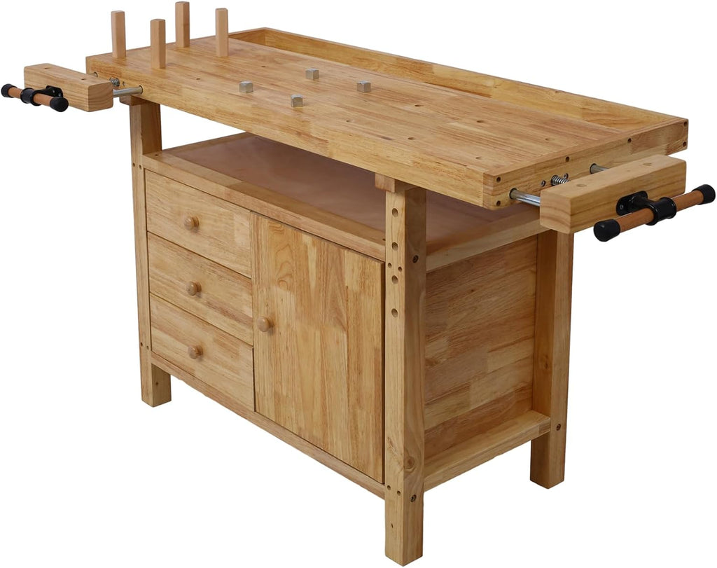Gecheer Wooden Workbench for Garage and Workshop – Rubberwood Table with 3 Drawers, 1 Cabinet, Bar Clamps Set (2x12 + 2x24), 55'x24.4'x33.1'