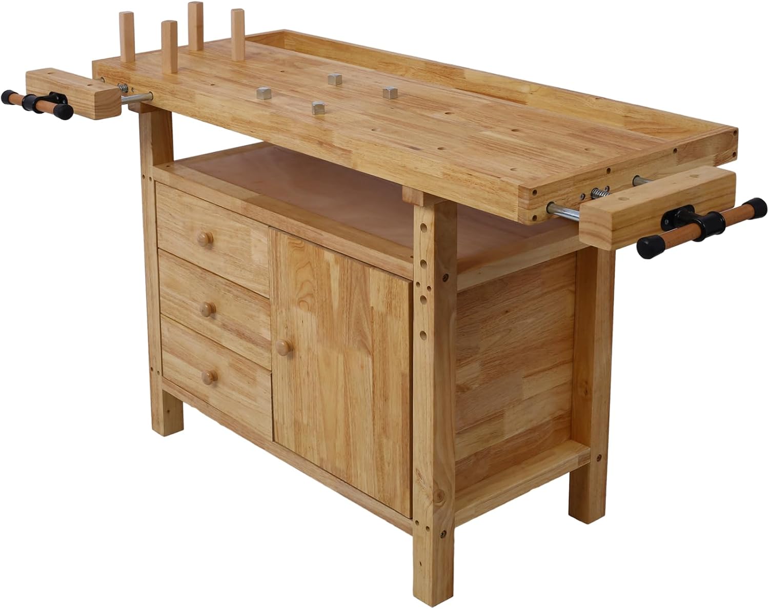 Gecheer Wooden Workbench for Garage and Workshop – Rubberwood Table with 3 Drawers, 1 Cabinet, Bar Clamps Set (2x12 + 2x24), 55'x24.4'x33.1'