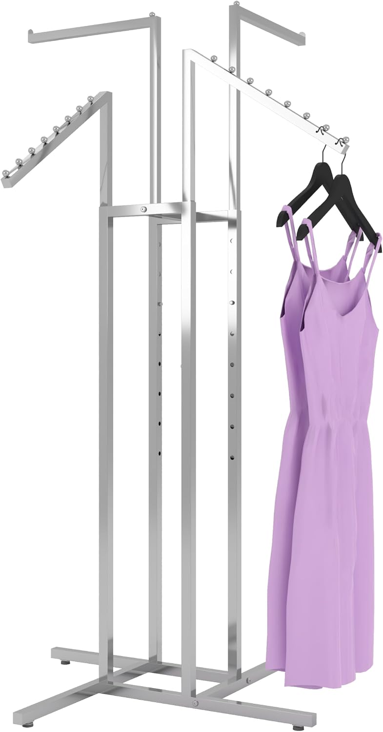 Econoco 4-Way Clothing Rack – Adjustable Height Display with 2 Straight and 2 Slanted Arms, 48″–72″, Chrome Finish