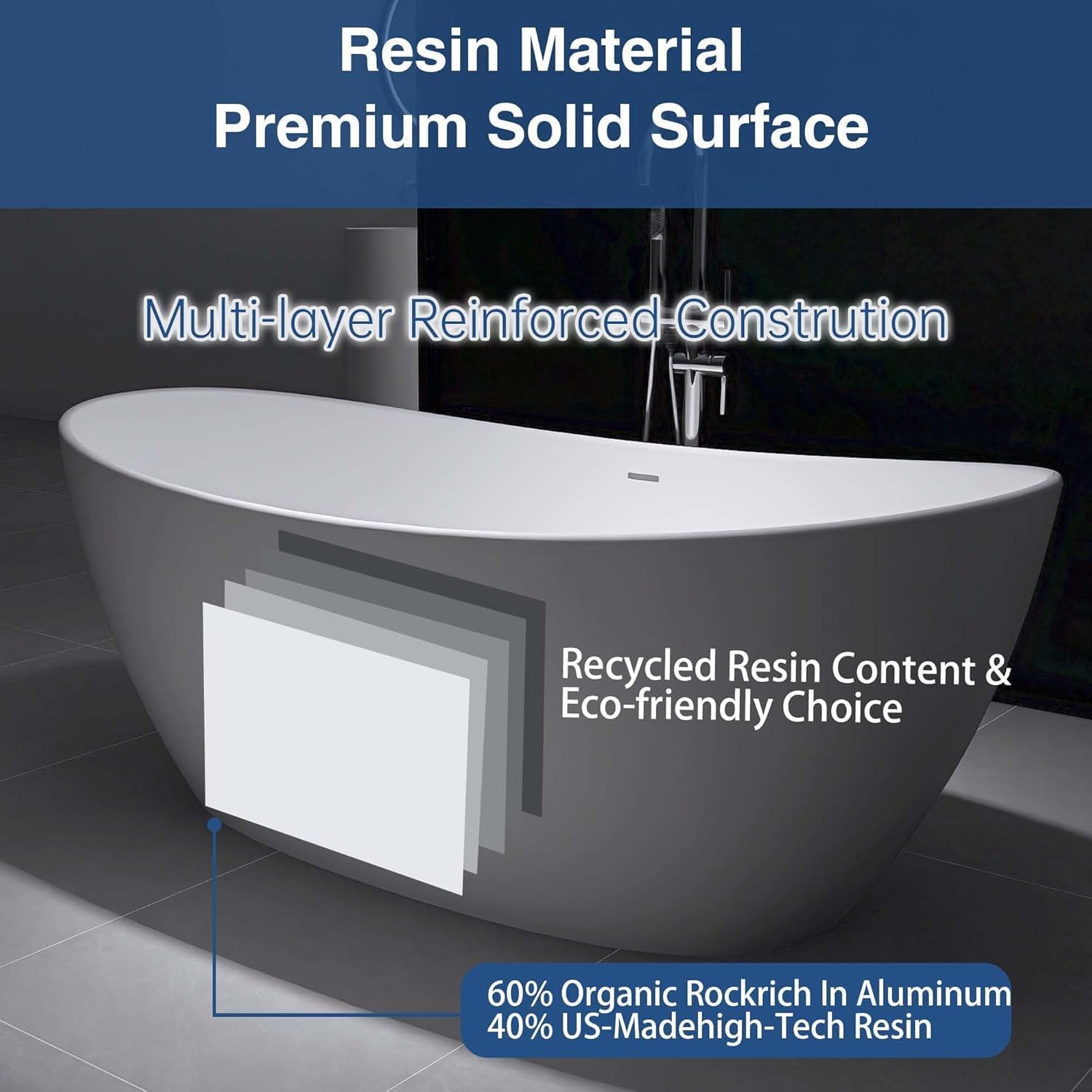 65' Stone Resin Freestanding Bathtub, Elegant Oval Design, Solid Surface Bathtub, Stand Alone Bathtub with Drain and Overflow,Matte White