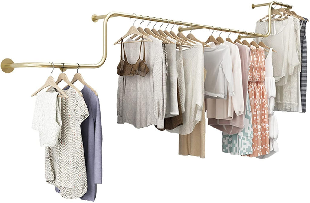 Gold Metal Garment Bracket Frame Wall Mounted Retail Clothing Rack - Heavy Duty Multi-Purpose Hanging Rod for Closet Storage, Modern Simple Display Rack for Commercial Clothes Racks