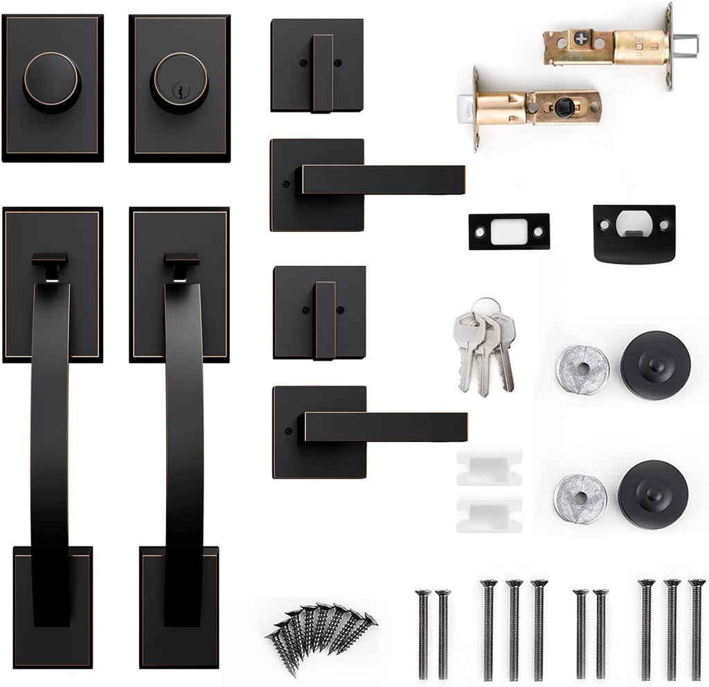 Door Handle Sets Double Front Door Handle Set with Handle Lever Oil-Rubbed Bronze Double Door Handleset with Dummy Front Door Lock Set Double Door Handles for Front Door or Office Door