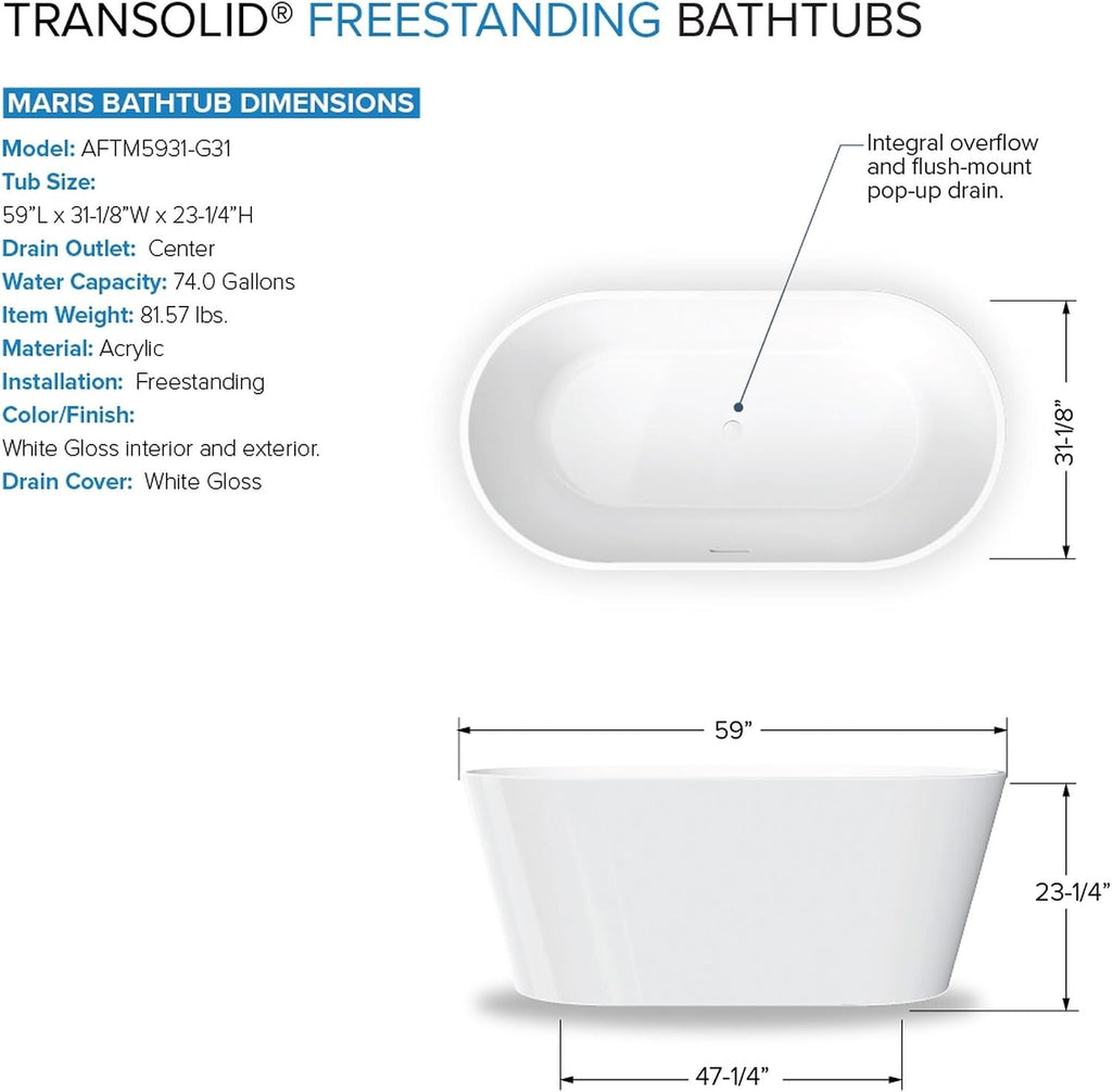 Transolid Maris 59 in. Freestanding Soaking Bathtub & Faucet Kit | 31 in. Wide Acrylic Tub + Matte Black Floor-Mount Tub Filler with Handshower | Center Drain | Gloss White | KF-AFTM5931-G31MB