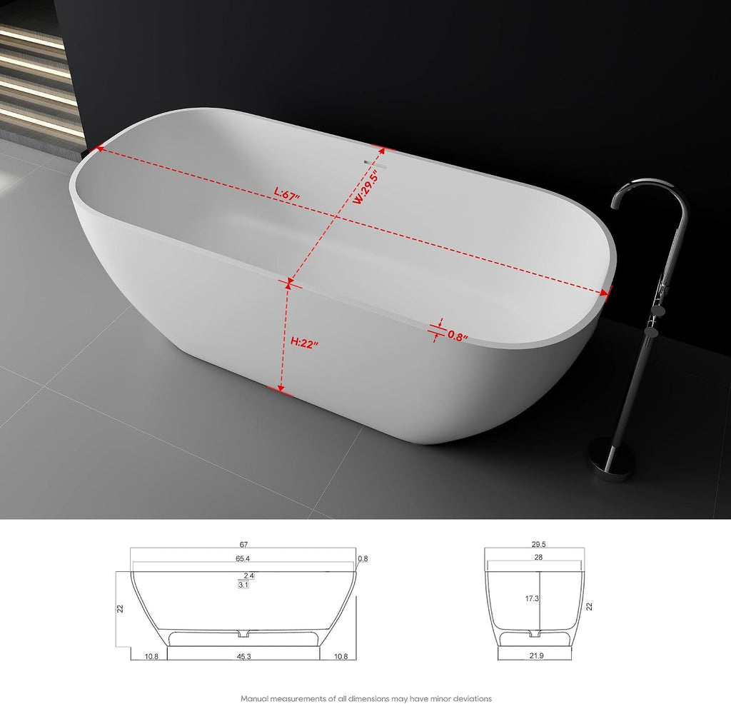 SJ STAR&JANE Solid Surface Freestanding Bathtub, 67' Oval Soaking Tub with Overflow & Pop-up Drain, Matte White Finish for Bathrooms