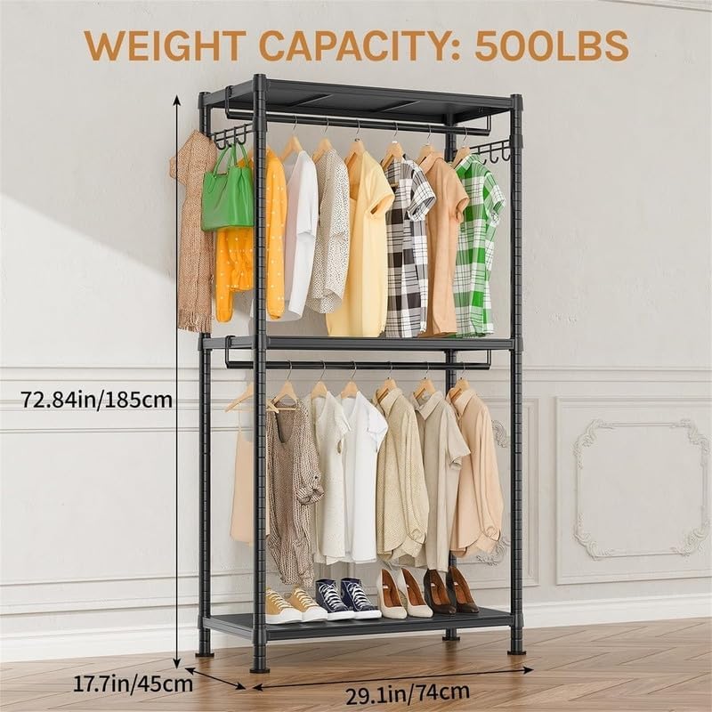 Garment Rack Hanging Clothes Heavy Duty 17.7' d X 29.1' w 72.84' h Black Metal Finish Adjustable Shelving