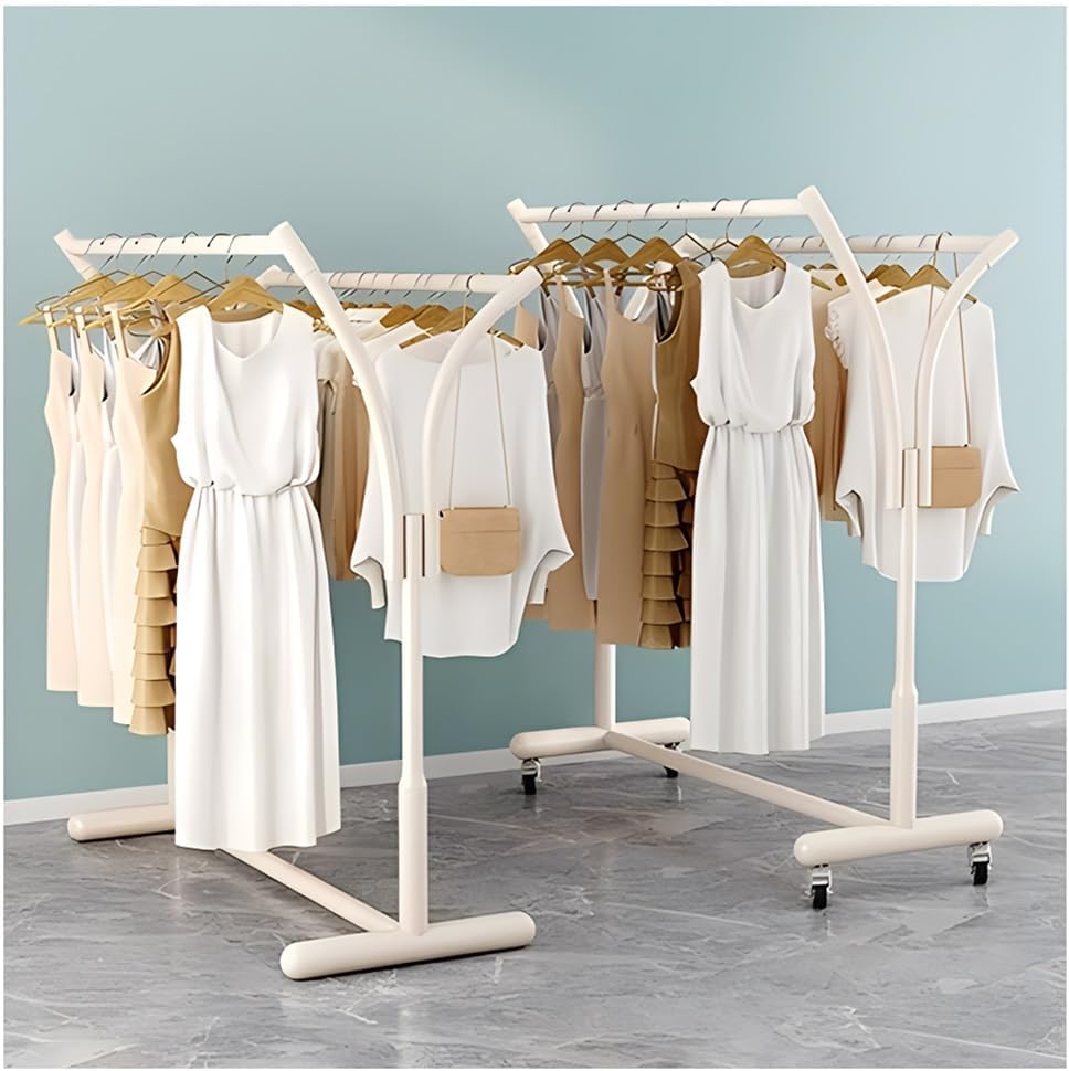 Floor Standing Retail Metal Clothing Rack, Heavy Duty Double-Rod Movable Clothing Shelf, Multifunctional Standing Rolling Garment Rack, for Shopping Mall Clothing Store (White a)
