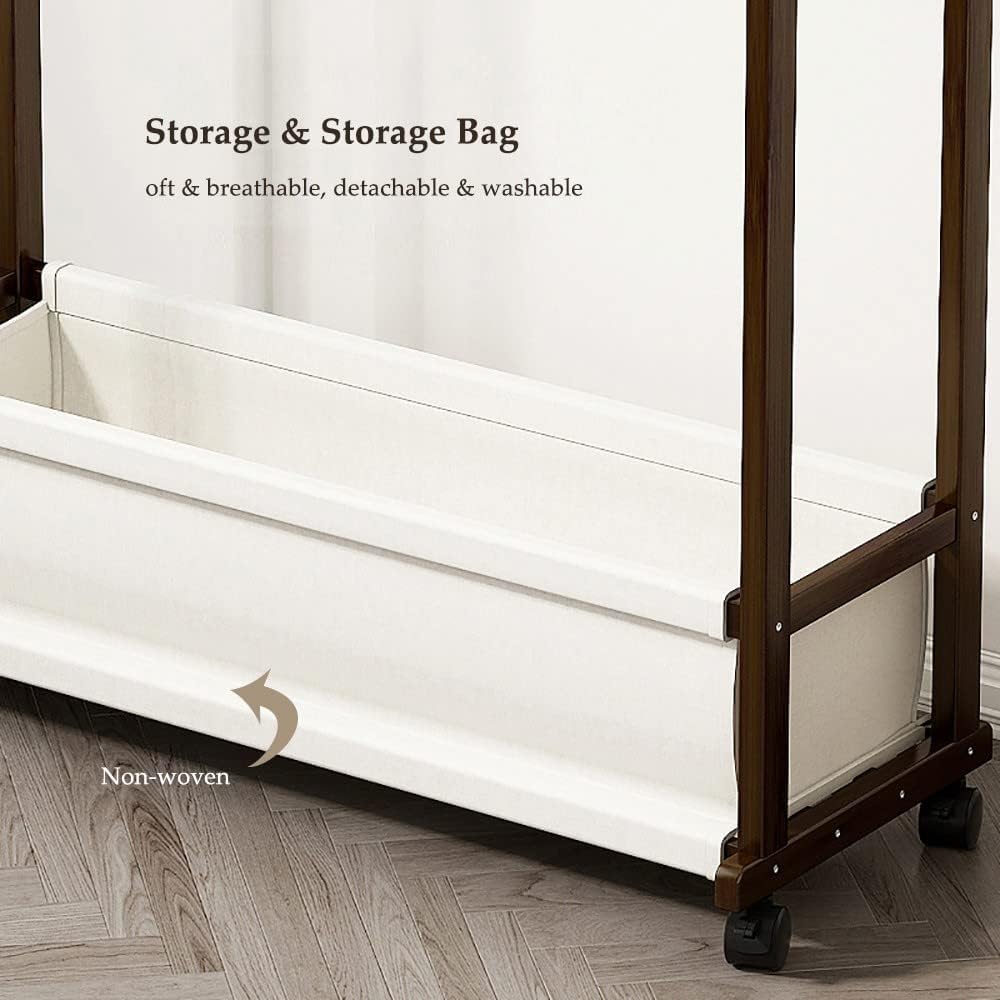 Heavy Duty Clothes Rail with Wheels and Dust Cover, Bamboo Garment Rack with Shelves, for Bedroom Home (White 70x32x165cm)
