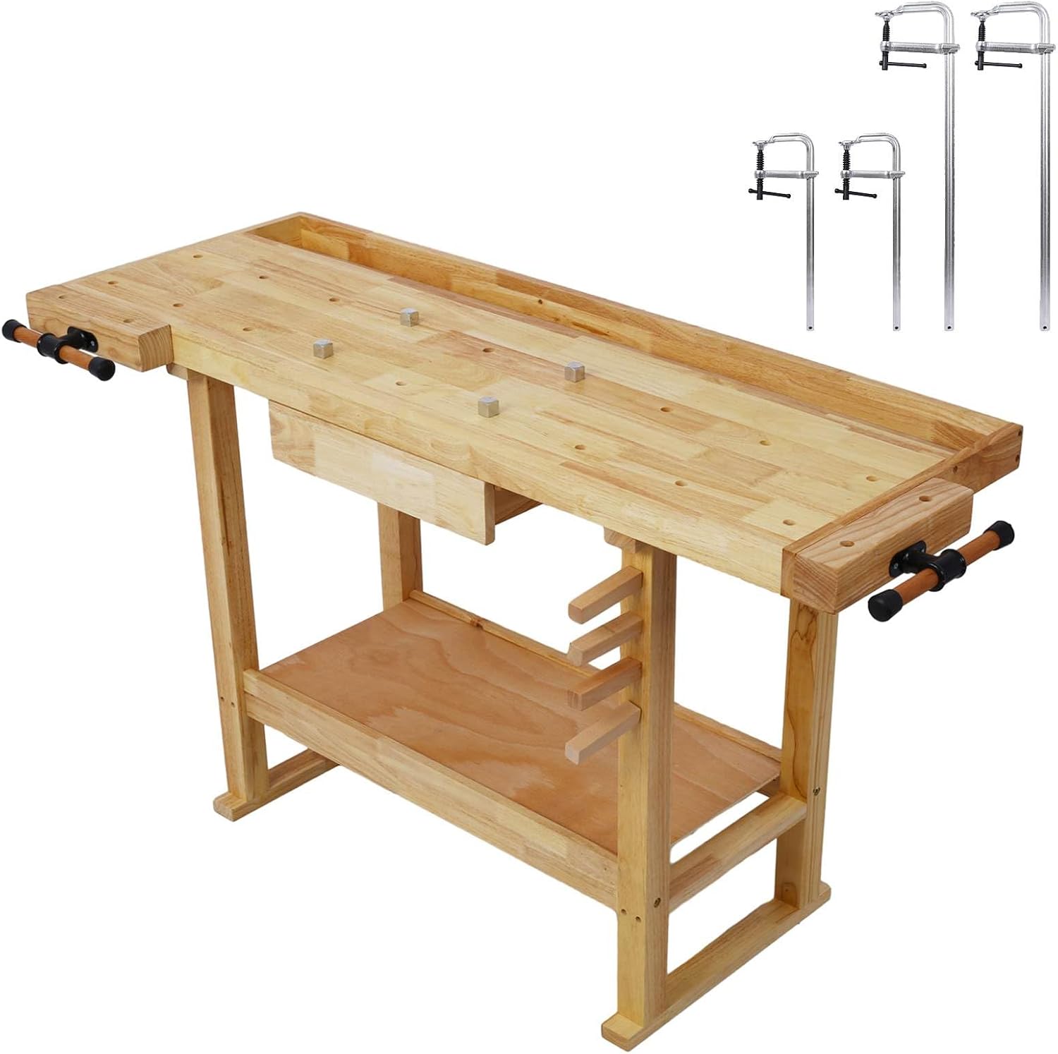 55-Inch Wood Workbench - Wooden Workbench for Garage Workshop and Home Throat for Enhanced Workshop Experience, Versatile & Spacious with Bar Clamps Set 2 pcs 12 inch x 3inch+ 2pcs 24inchx4-3/4 4PCS